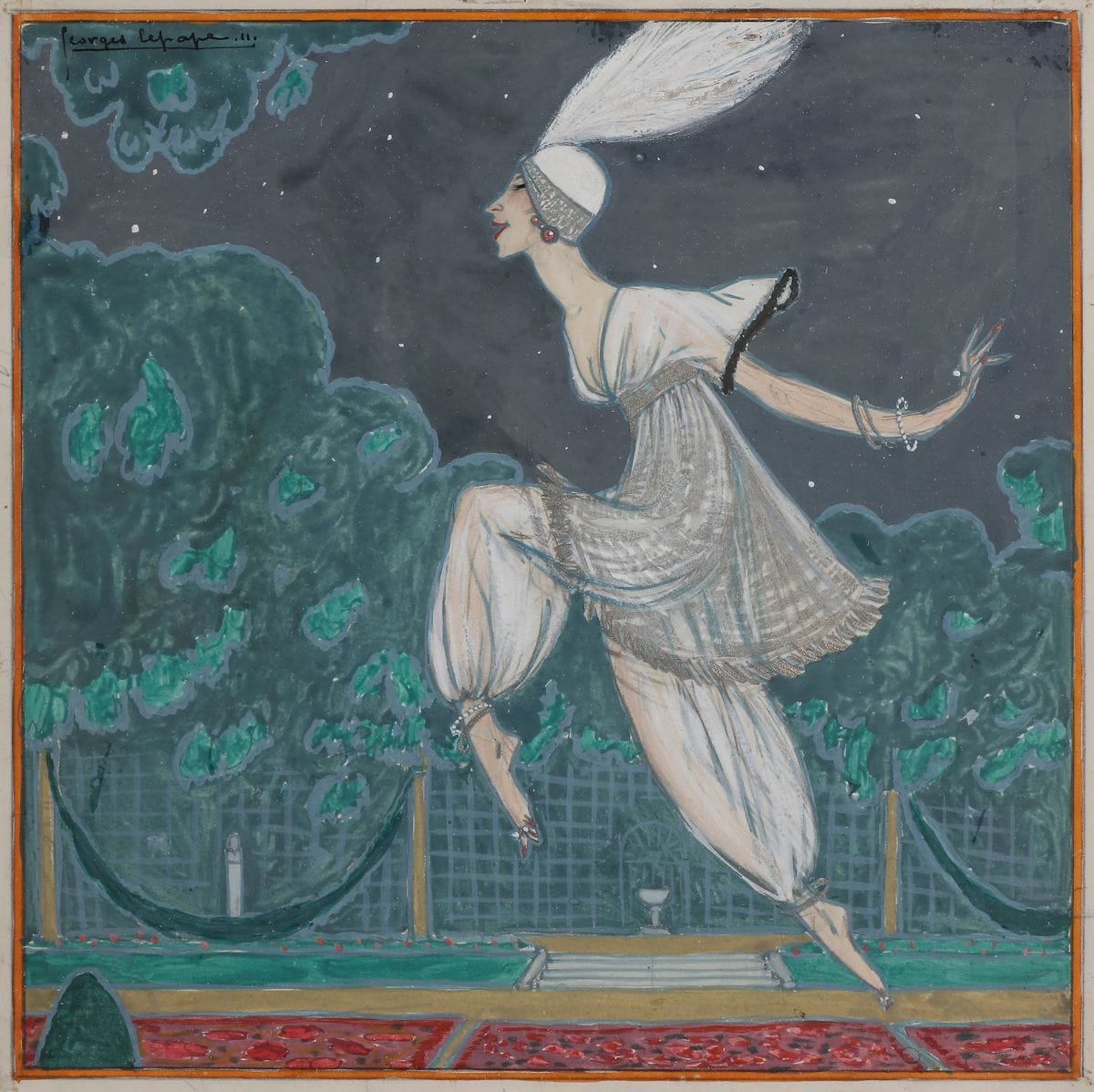 Georges LEPAPE (1887-1971)
Madame Poiret à la Mille et Deuxième nuit
Gouache.
Signée en haut à gauche.
21 x 21 cm

Exposition : 
Paul Iribe, précurseur de l’art déco, Bibliothèque Forney, Ville de Paris, 6 octobre - 31 décembre 1983, n° 143.

Cette œuvre représente Denise Poiret lors de La Mille et Deuxième Nuit, une fête organisée par son époux Paul Poiret pour le lancement de sa ligne de parfums. Elle est reprise par Palmer White pour la couverture de son livre consacré à l’artiste.
