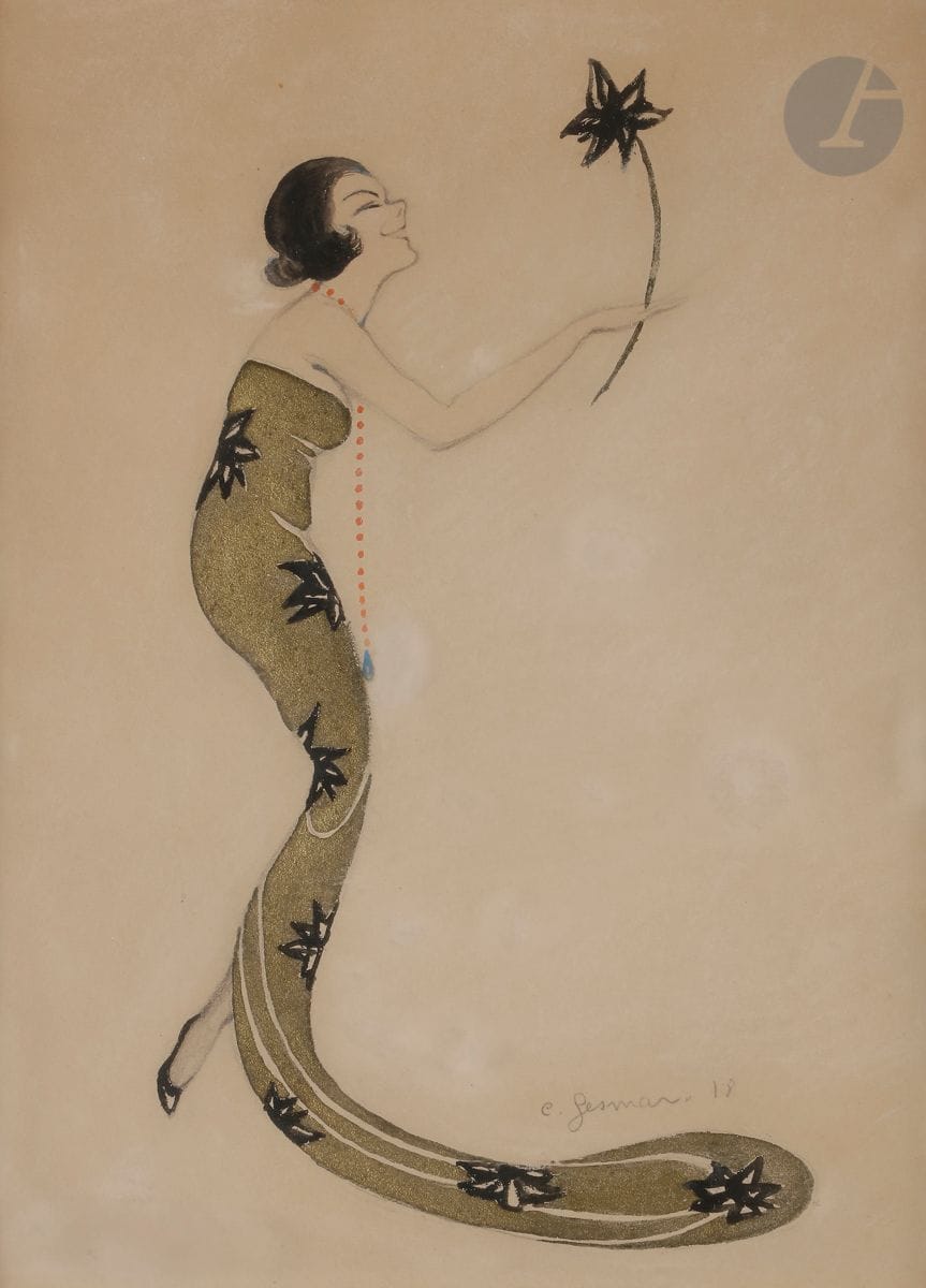 Charles-Carl GESMAR (1900-1928)
Spinelly, 1918
Gouache, encre, crayon et rehauts d’or.
Signée et datée vers le bas à droite.
30 x 22 cm à vue
Encadrée.

Bibliographie :
Jacques Pessis, Jacques Crépineau, Le Moulin Rouge, Éditions de La Martinière, Paris, 2002, reproduit p. 72.