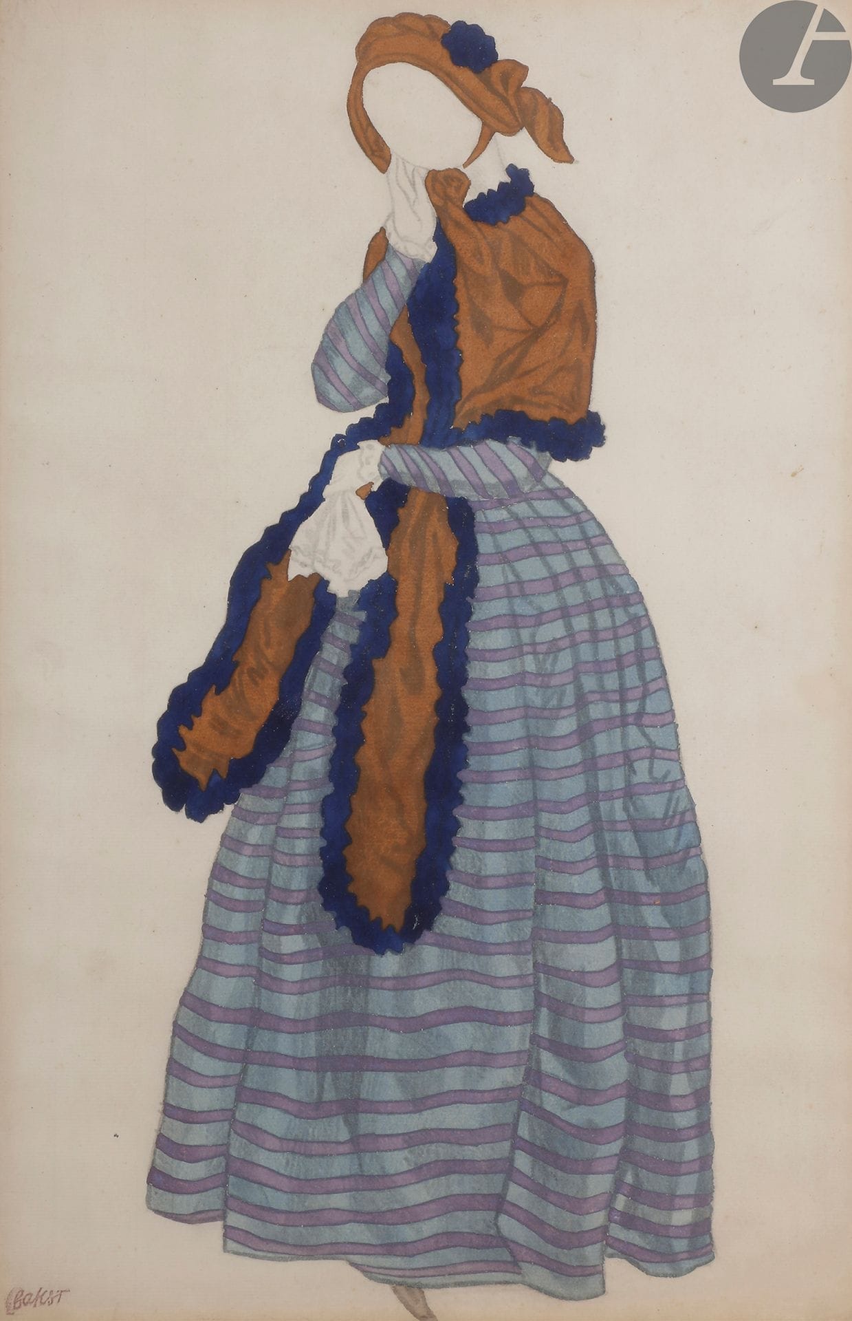 


Léon BAKST (1866-1924)



Maquette de costume de femme au châle pour La Nuit ensorcelée, 1923



Gouache et crayon.



Timbrée  en bas à gauche.



28,5 x 43,5 cm à vue 



Encadrée.





Provenance : 



Étiquette Artcurial au dos.





Présenté en 1923 au Théâtre de l’Opéra, La Nuit ensorcelée est un ballet adapté par Émile Vuillermoz d’après Frédéric Chopin. Léon Bakst conçut les décors et les costumes.
