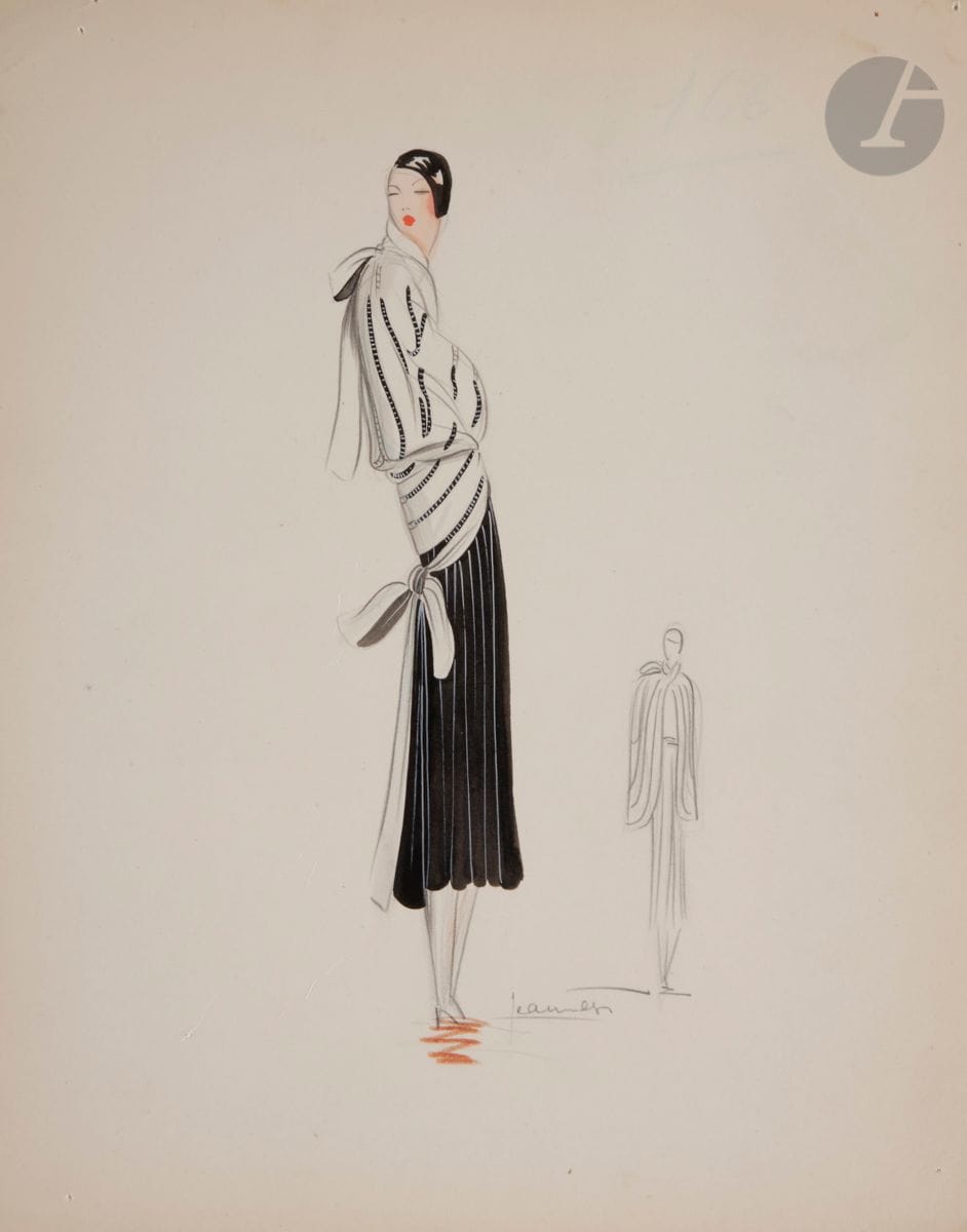 Madeleine JEANNEST (1892-1957) pour Jean PATOU (1887-1936)
Projets de robes ou ensembles, vers 1922
10 aquarelles, gouache et crayons.
Signées en bas à droite.
26 x 21 cm environ chaque

Œuvres en rapport :
Meredith Etherington-Smith, Patou, Éditions Denoël, Paris, 1983, p. 96-97 et 114-115.