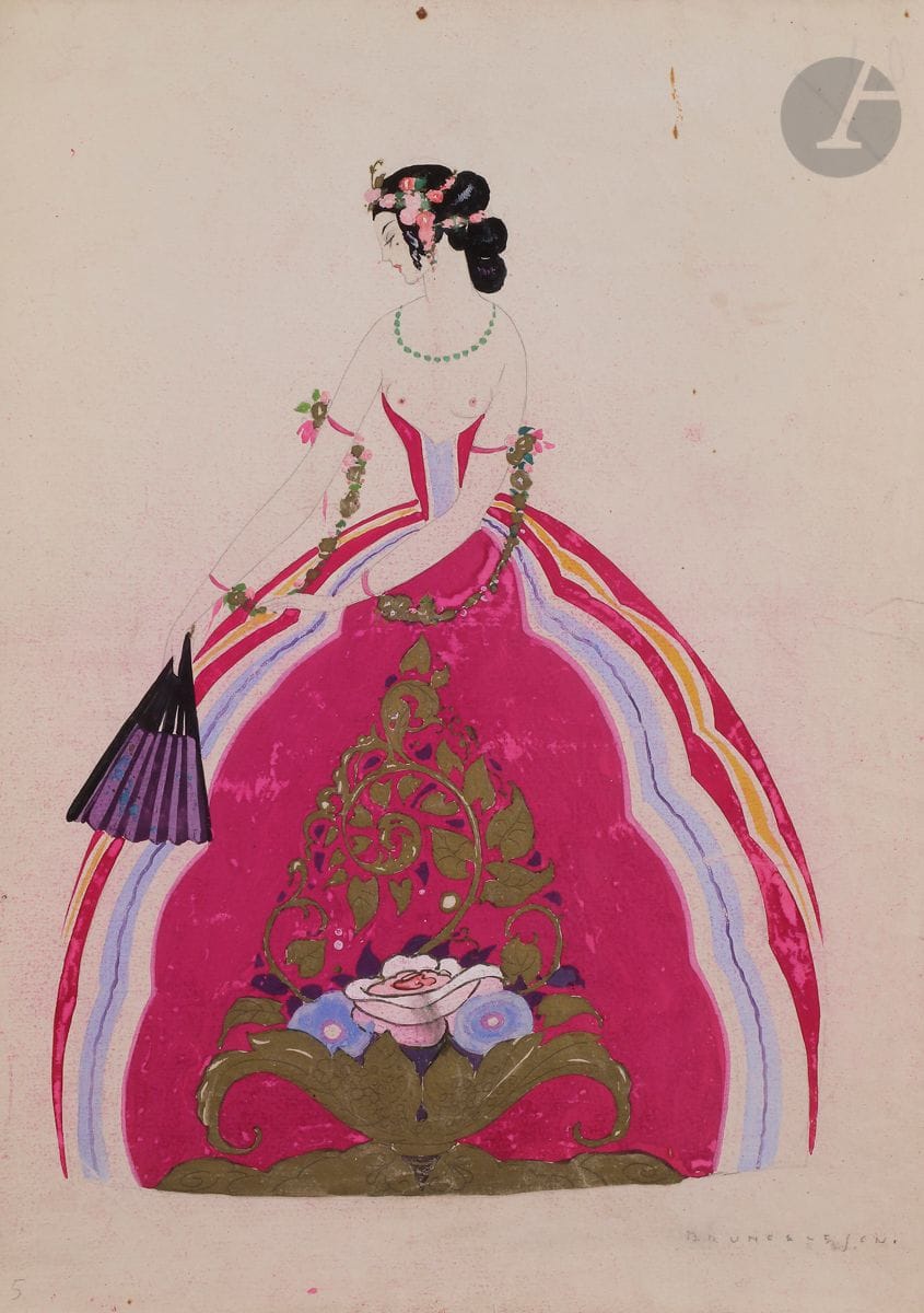 Umberto BRUNELLESCHI (1879-1949)
Maquettes de costumes pour En Pleine Folie aux Folies Bergères
2 gouaches sur traits de crayon et rehauts d’or.
Signées en bas à droite.
(Taches).
39,5 x 29 cm

Exposition : 
Rêves de théâtre, Galerie Catherine Houard, Paris, 8 octobre - 13 novembre 2010.