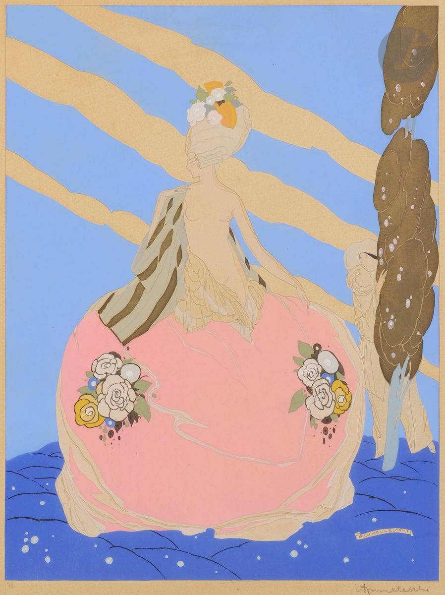 Umberto BRUNELLESCHI (1879-1949)
L’Indiscret
Eau-forte, pochoir et gouache. 
Signée dans la planche en bas à droite et contresignée en bas à droite.
Numérotée 78 en bas à gauche.
45 x 34,5 cm
