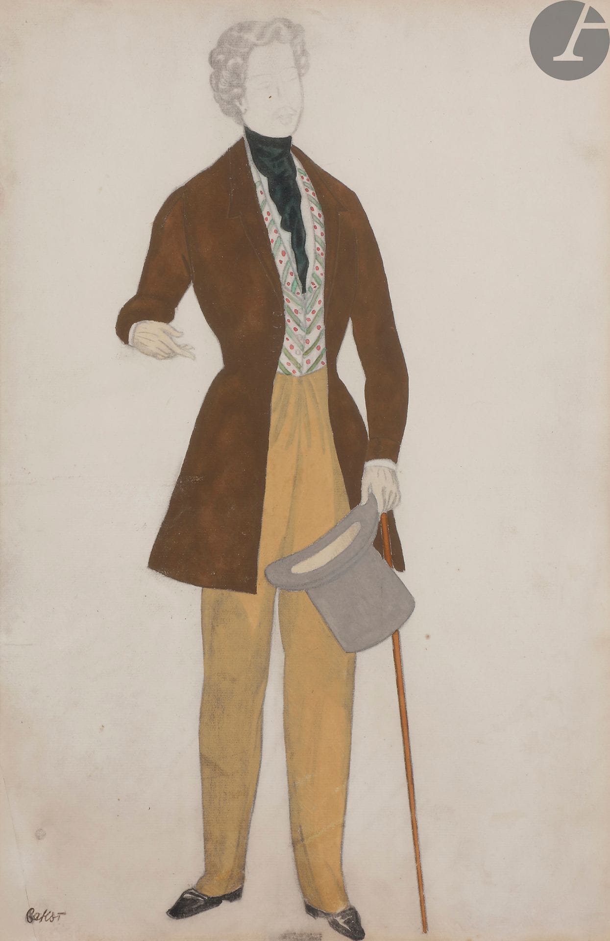 
Léon BAKST (1866-1924)



Maquette de costume d’homme au chapeau haut de forme pour La Nuit ensorcelée, 1923



Gouache et crayon.



Timbrée en bas à gauche.



28,5 x 43,5 cm à vue 



Encadrée. 





Présenté en 1923 au Théâtre de l’Opéra, La Nuit ensorcelée est un ballet adapté par Émile Vuillermoz d’après Frédéric Chopin. Léon Bakst conçut les décors et les costumes.
