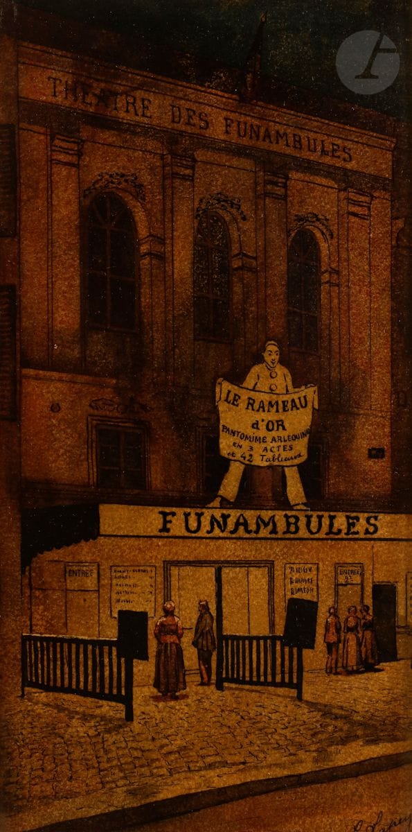 J. LAPEYRE (XXe siècle)
Au théâtre des Funambules
Encre et aquarelle sur carton.
Signée en bas à droite
27 x 14 cm