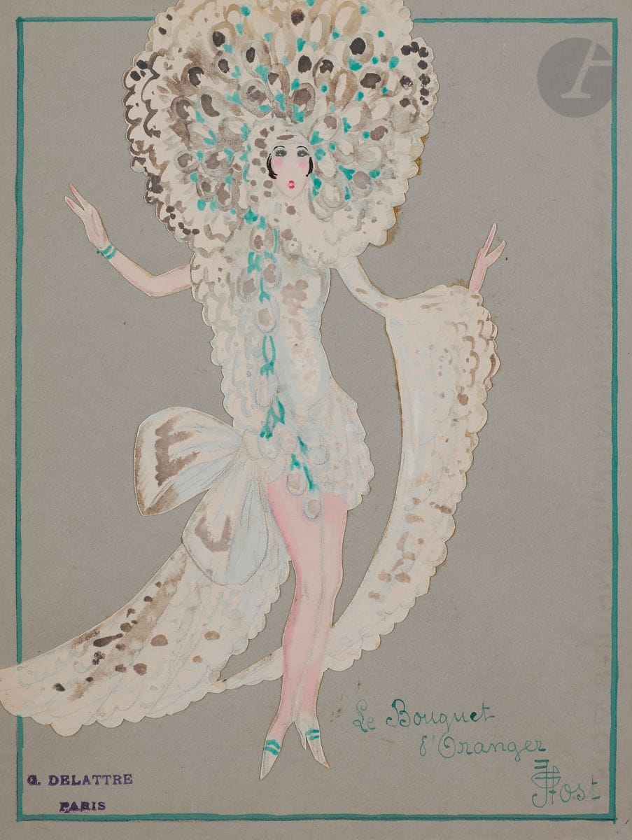 Henry-Raymond FOST (1905-1970)
Maquettes de costumes : Les Mimosas - Les Lilas - Les Tulipes - Le Bouquet de violettes - La Gerbe de Pommier - Le Bouquet d’oranger
6 aquarelles sur traits de crayon, certaines collées.
Signées et titrées en bas à droite.
Cachet de la Maison G. Delattre.
31,5 x 24 cm chaque