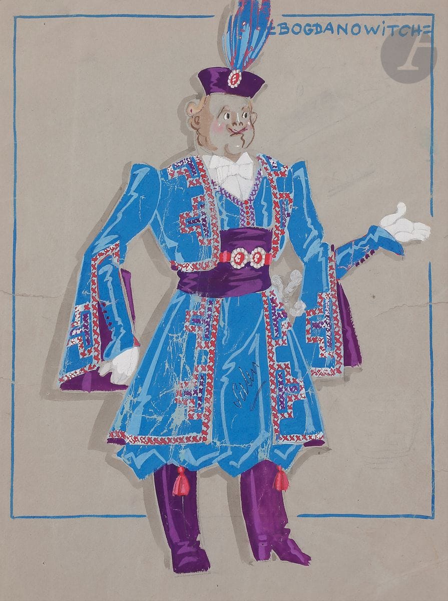 
Henry-Raymond FOST (1905 - 1970) pour Jenny CARRE (XXe siècle)

Maquettes de costumes et 2 projets de décor pour La Veuve joyeuse

11 gouaches sur traits de crayon.

Titrées.

32,5 x 25 cm



La Veuve joyeuse est une opérette en 3 actes de Franz Lehár créée en 1905 d après Henri Meilhac. Avec une mise en scène de Henri Varna et des costumes conçus par Henri Fost et Jenny Carré, elle est présentée au Théâtre Mogador dès 1942.
