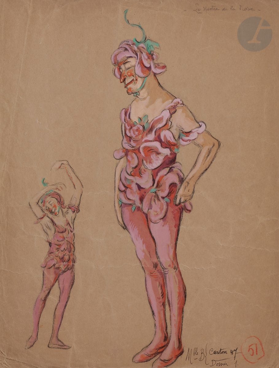 Charles BETOUT (1869-1945)
Maquettes de costumes de fées, elfes et animaux
27 gouaches, encres et aquarelles sur traits de crayon.
Numérotées et certaines signées en bas à droite.
(Déchirures et manques pour certaines).
32,5 x 25,5 cm environ chaque
On joint :
Jean-Louis JAZET dit MINON (1814-1897), Maquette de costumes d’écrevisses, encre et aquarelle, signée en bas à droite, 31 x 24 cm