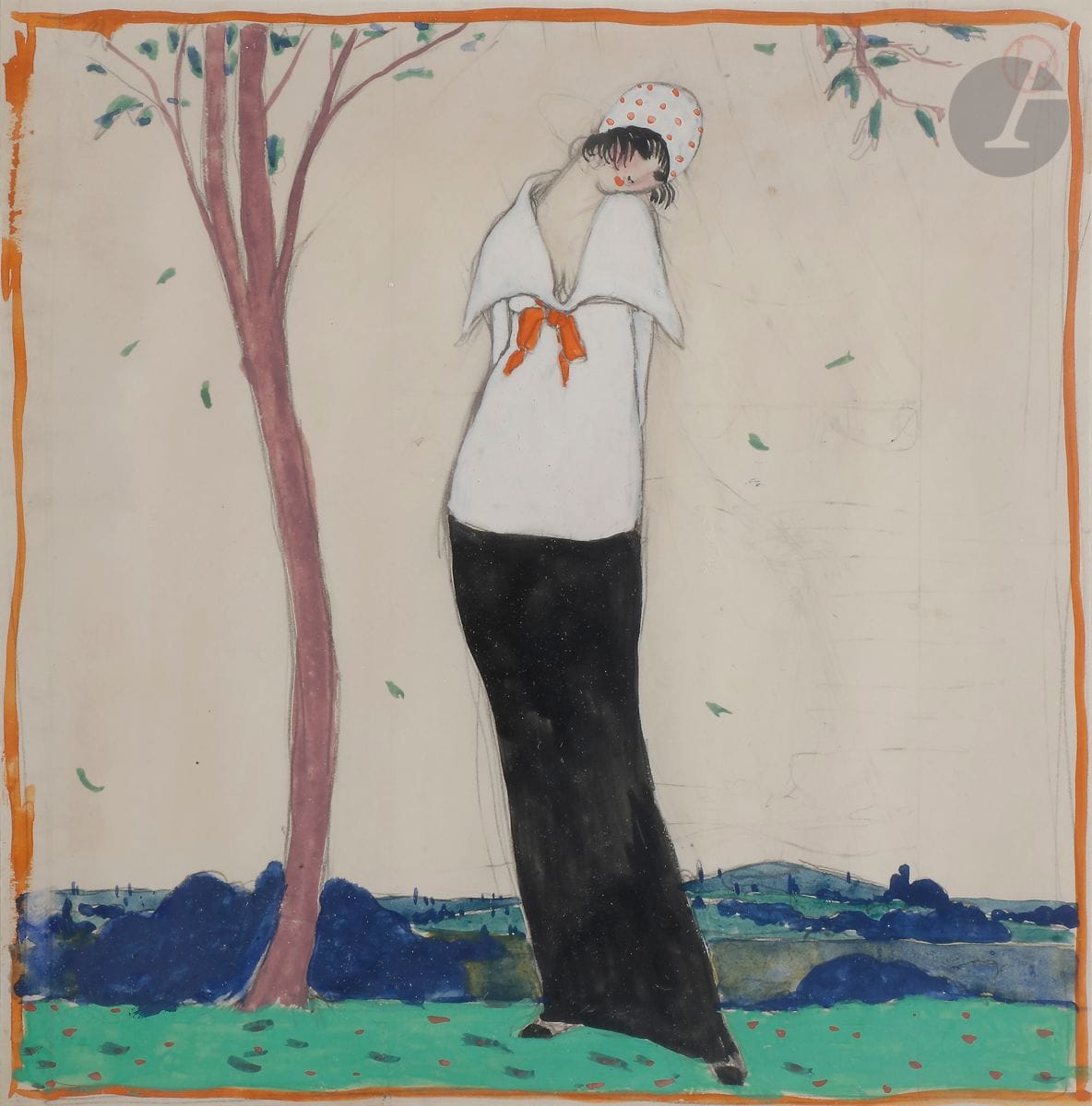Georges LEPAPE (1887-1971)
Mélancholie automnale
Gouache sur traits de crayon.
Monogrammée en haut à droite.
21 x 20,5 cm à vue
Encadrée.