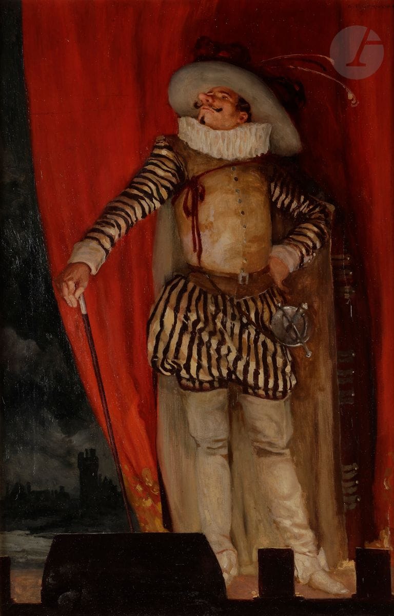 Auguste-François GORGUET (1862-1927)
Cyrano de Bergerac
Huile sur toile.
Signée en haut à gauche.
60 x 40 cm 
Encadrée.

Cette toile a servi d’illustration pour l’édition de Cyrano de Bergerac en 1910 in Edmond Rostand, Œuvres complètes illustrées de Edmond Rostand, Tome 1, Cyrano de Bergerac : comédie héroïque en cinq actes en vers , Pierre Lafitte, Paris, 1910.