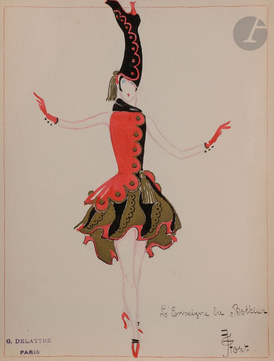 Henry-Raymond FOST (1905-1970
)Costume models : Les Enseignes5
gouaches heightened with gold.
Signed and dated lower right. 
Stamp of the House G. Delattre.
31 x 24 cm





