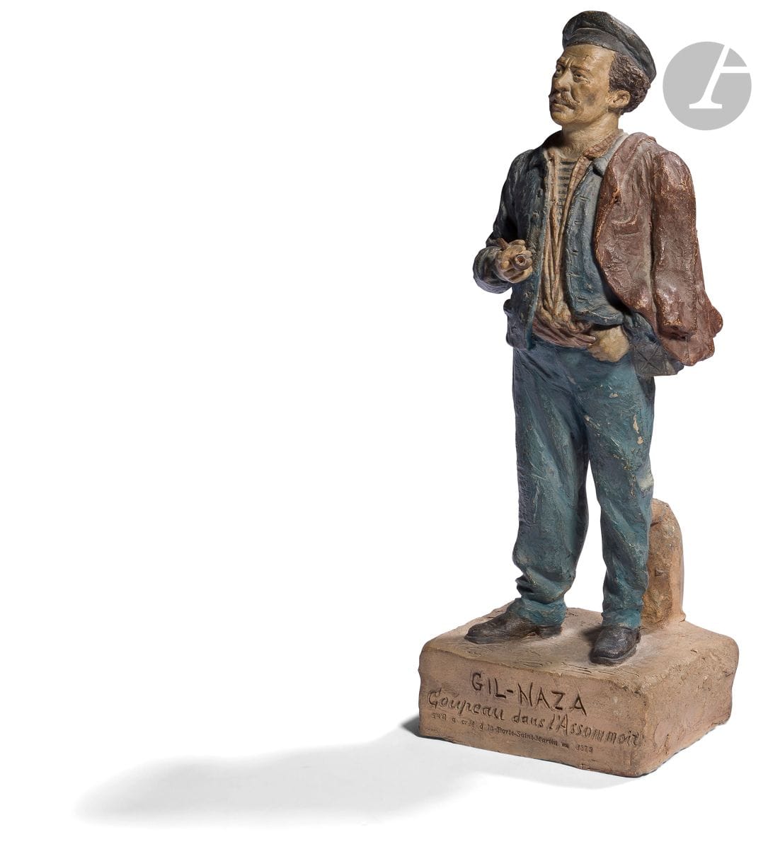 Charles KOTRA (1869-1942)
Gilles Naza (1825-1899) dans l’Assommoir, au Théâtre de la Porte Saint-Martin en 1879
Sculpture en terre cuite polychrome. 
Signée et tirée sur la base.
H : 27 cm