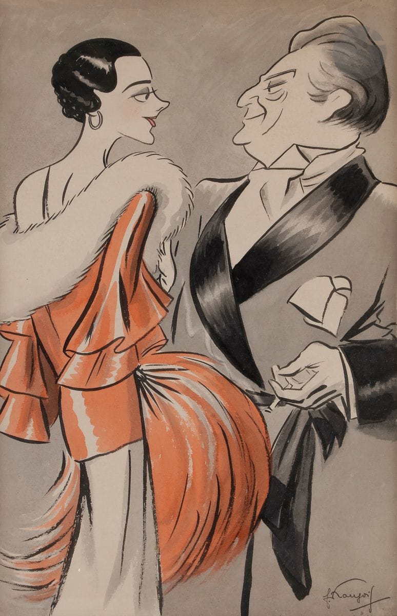 F. FRANCOIS ?
Sacha Guitry et Jaqueline Delubac
Encre, lavis d’encre et aquarelle.
Signée en bas à droite.
46 x 30 cm à vue
Encadrée.
