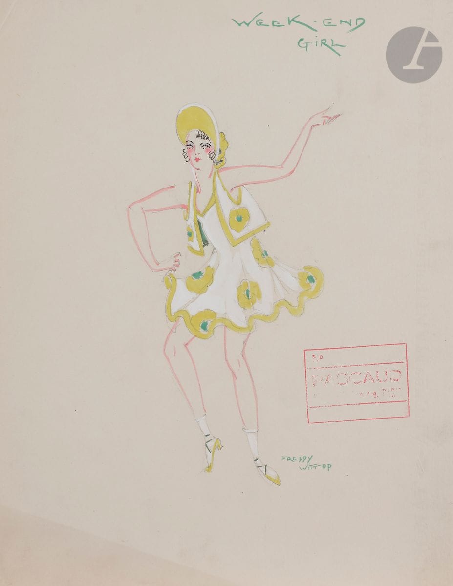 Freddy WITTOP (1911-2001)
Maquettes de costumes pour la série Girls and Boy - Nageur vénitien - Élégante au manteau noir
5 aquarelles et gouaches.
Signées. 
Cachet de la Maison Pascaud pour certaines. 
32 x 25,5 cm et 42 x 30 cm chaque