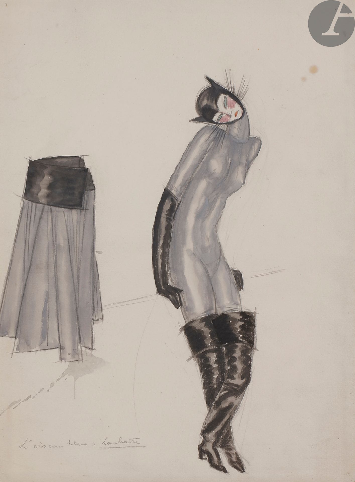 Georges LEPAPE (1887-1971)
L’Oiseau bleu : La Chatte - Le Chien
2 gouaches sur traits de crayon.
Titrées en bas à gauche.
37 x 27 cm - 34 x 25 cm

Féerie sur la quête d’un oiseau qui détient le secret du bonheur, l’Oiseau Bleu est une pièce de Maurice Maeterlinck (1862-1949) écrite en 1905 et présentée pour la première fois en 1908 au Théâtre d’Art de Moscou. C’est pour une représentation au Théâtre Mogador en 1923 que Georges Lepape réalise les costumes et décors.