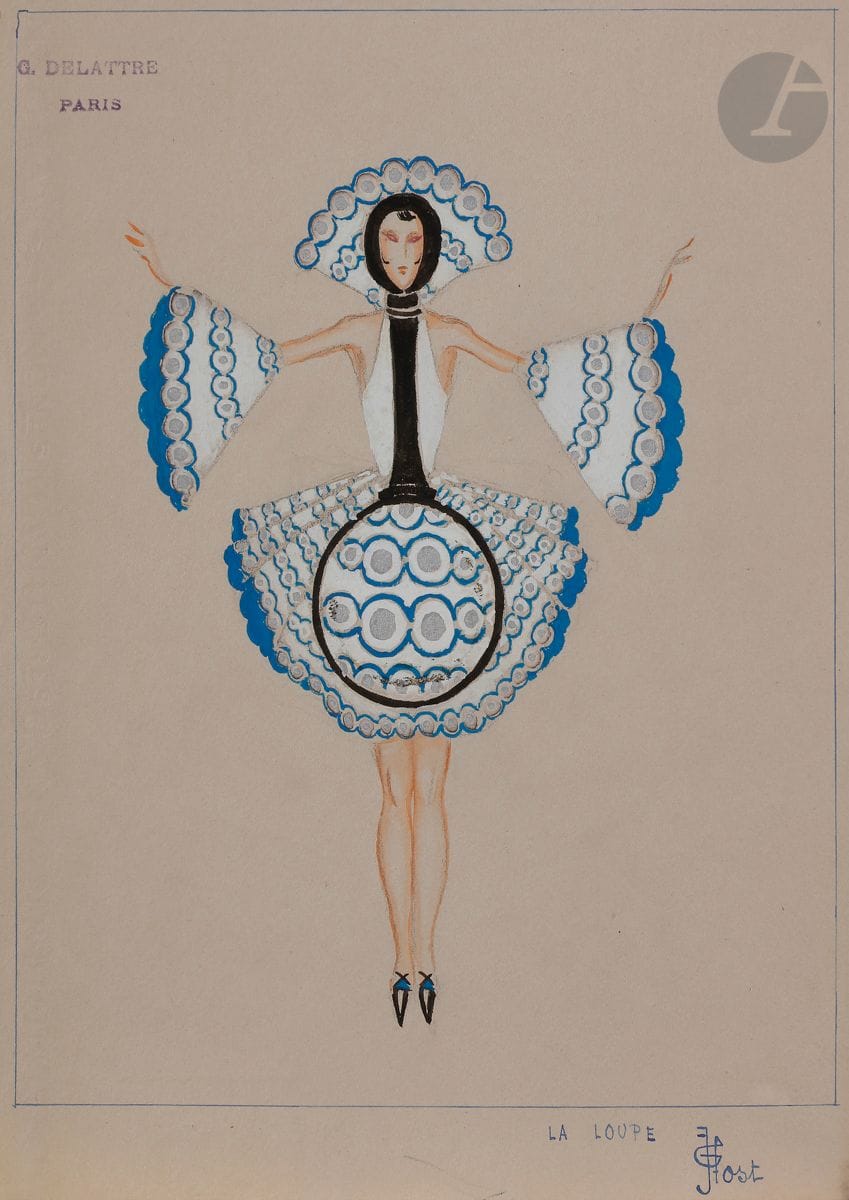 Henry-Raymond FOST (1905-1970
)Costume models : The Magnifying Glass, The Glasses, The Monocle, The Discs and The Balls5
gouaches.
Signed and titled.
31,5 x 24,5

cmJoined: MODERN SCHOOL, Costume Models The Springs and Cubist Man, 2 gouaches, 36 x 27 cm and 38,5 x 28 cm





