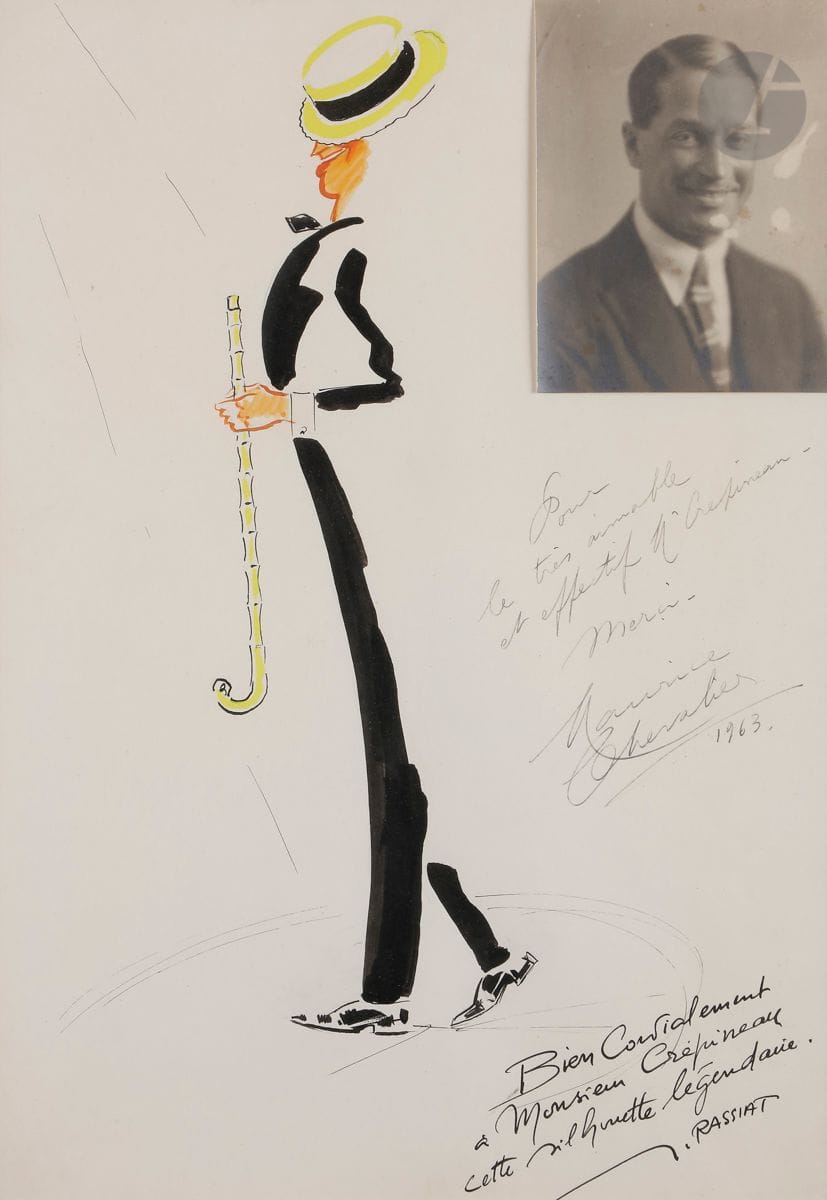 James RASSIAT (1909-1998)
Maurice Chevalier au canotier, 1963
Aquarelle.
Signée et dédicacée par l’artiste et Maurice Chevalier à Jacques Crépineau. 
Une photographie Maurice Chevalier attachée en haut à droite.
43,5 x 30 cm à vue 
Encadrée.