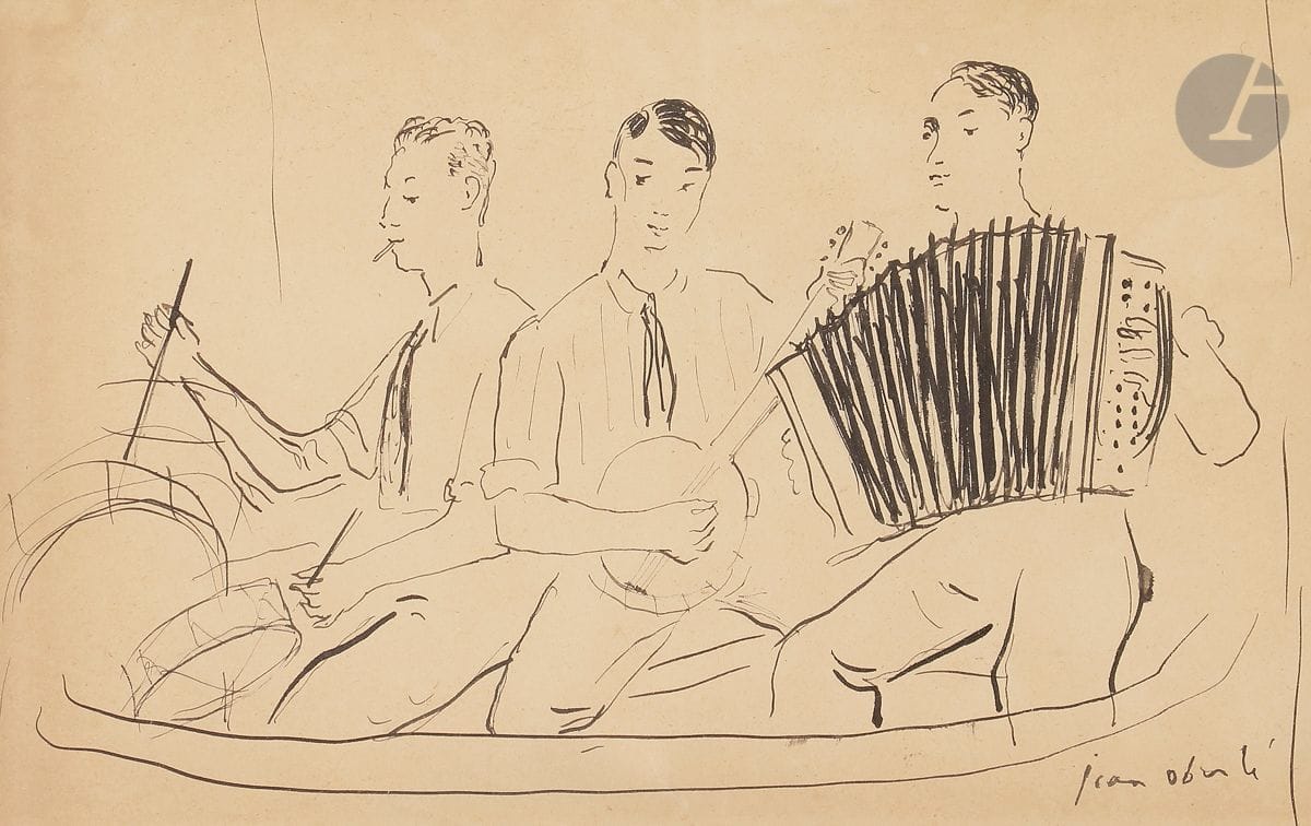 Jean OBERLÉ (1900-1961)
Les Musiciens - Fernand Gravey dans Je l’aimais trop, 1951
2 encres.
Signées, l’une datée et dédicacée à Fernand Gravey.
17 x 27 cm à vue - 29 x 19,5 cm
Encadrée.

Bibliographie : 
La Rampe : revue des théâtres, music-halls, concerts, cinématographes, 1er avril 1931, n° 538.