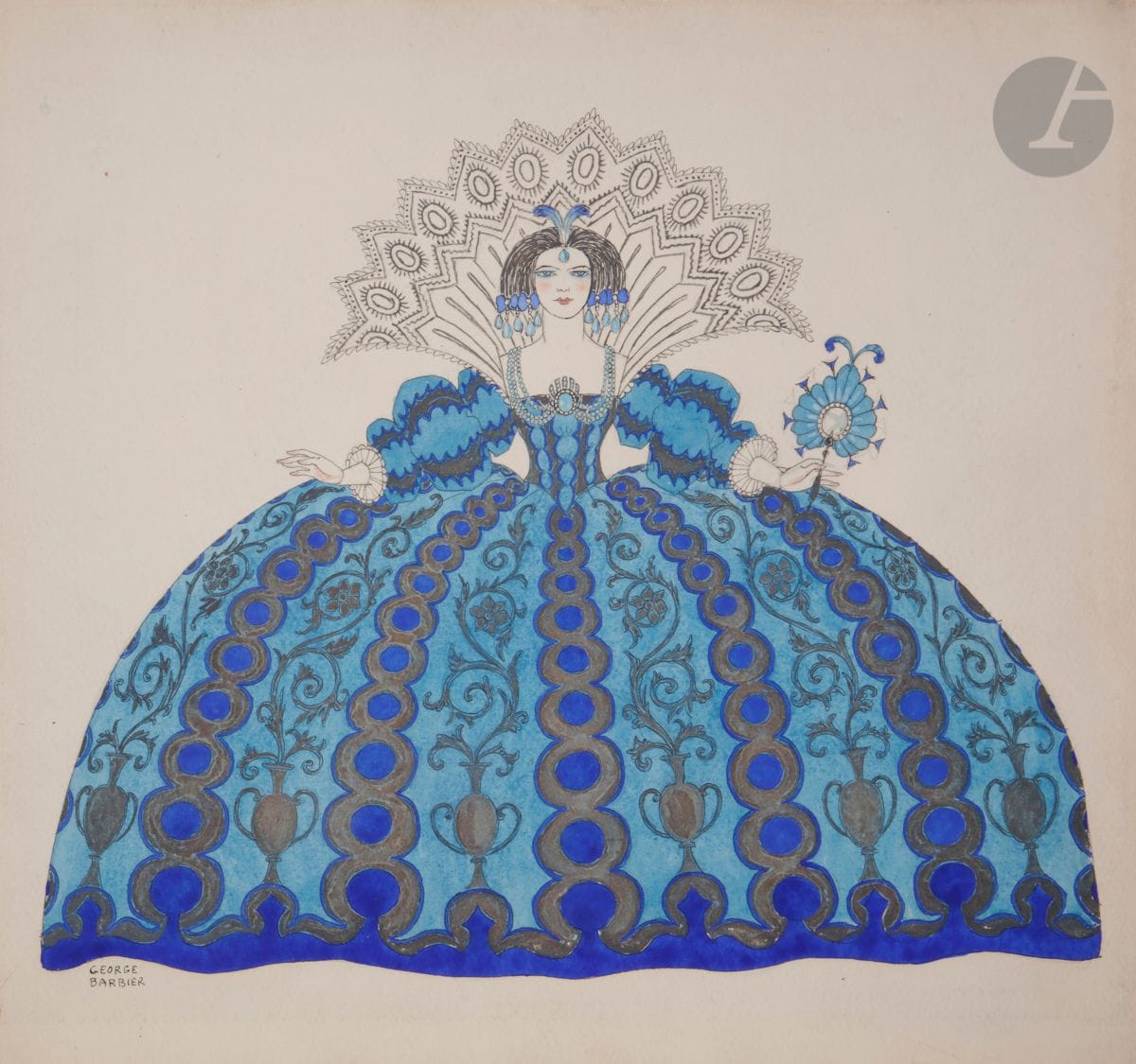 Georges BARBIER (1882-1932)
Maquette de costume pour le film Tournoi dans la cité réalisé par Jean Renoir en 1928
Gouache et aquarelle.
Signée en bas à gauche.
24 x 26 cm

Exposition : 
George Barbier, The Birth of Art Deco, Museo Fortuny, Venise, 30 août 2008 - 5 janvier 2009, n° 3.51.

Bibliographie : 
Barbara Martorelli (commissaire), George Barbier, The birth of Art Deco, catalogue d’exposition, Venise, Museo Fortuany, Editions Marsilio, 2008, n° 3.51, reproduit p. 80.