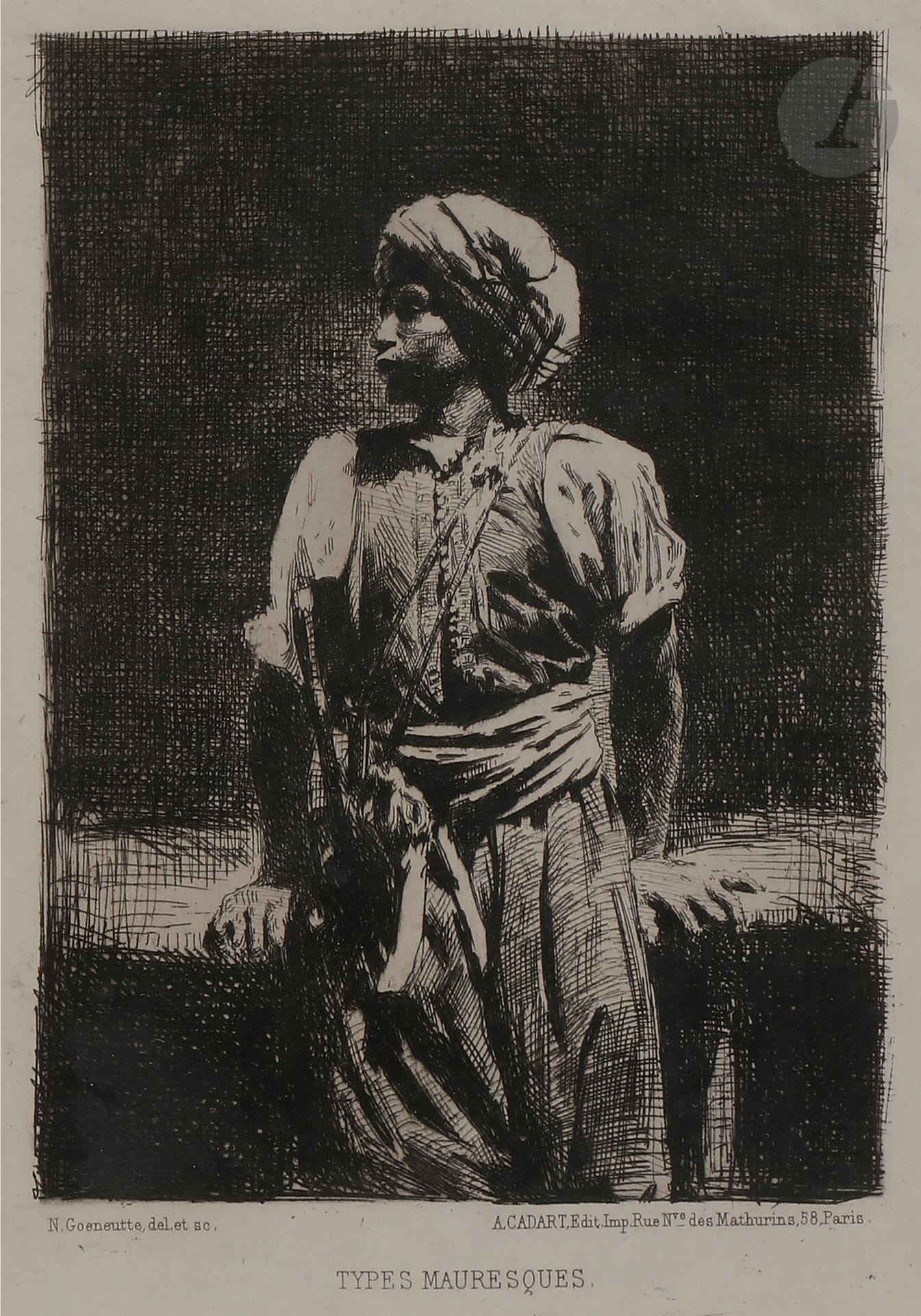 Norbert GOENEUTTE (1854-1894)

Femme arabe ; Jeune Arabe en armes, 1874

Eau-forte.

180 x 140 mm. 

(Duvivier 177 et 178).

Épreuves sur vergé.

Deux sujets dans un même cadre.