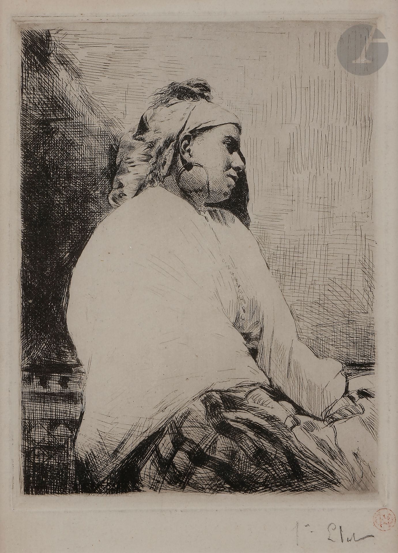 Norbert GOENEUTTE (1854-1894)

Femme arabe, 1874

Eau-forte.

180 x 130 mm.

(Duvivier 177).

Épreuve sur vergé. 

Annotée « 1er Etat ».

Provenance : Henri Guérard, avec son timbre (Lugt 1577)

Cadre.