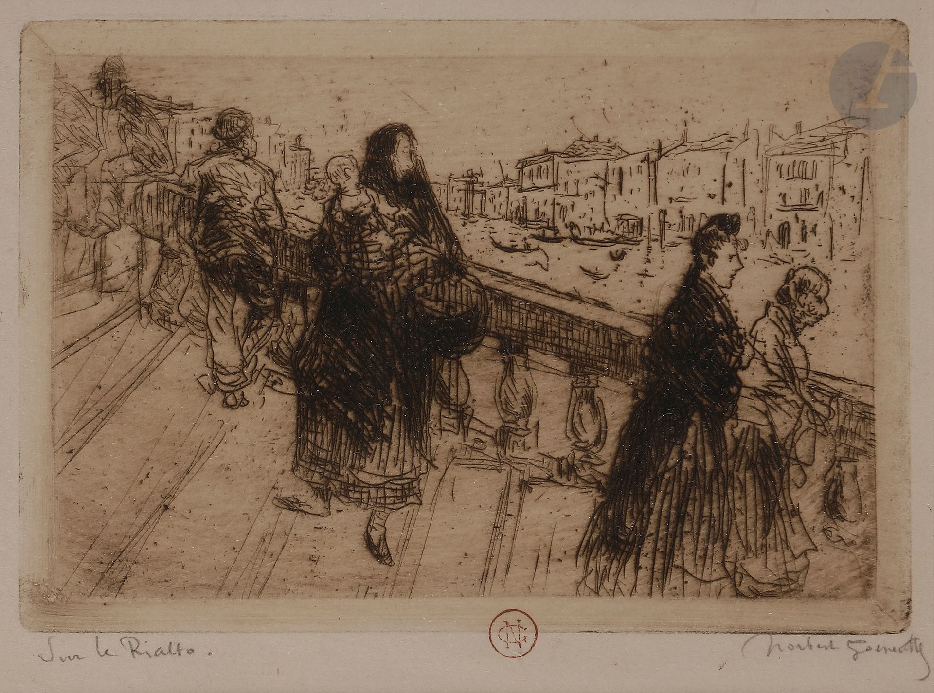 Norbert GOENEUTTE (1854-1894)

Venise, sur le Rialto, croquis, 1890

Eau-forte.

120 x 160 mm.

(Duvivier 166). 

Épreuve sur vergé.

Titrée au crayon, timbrée (Lugt 1182) et signée au crayon.

Cadre.