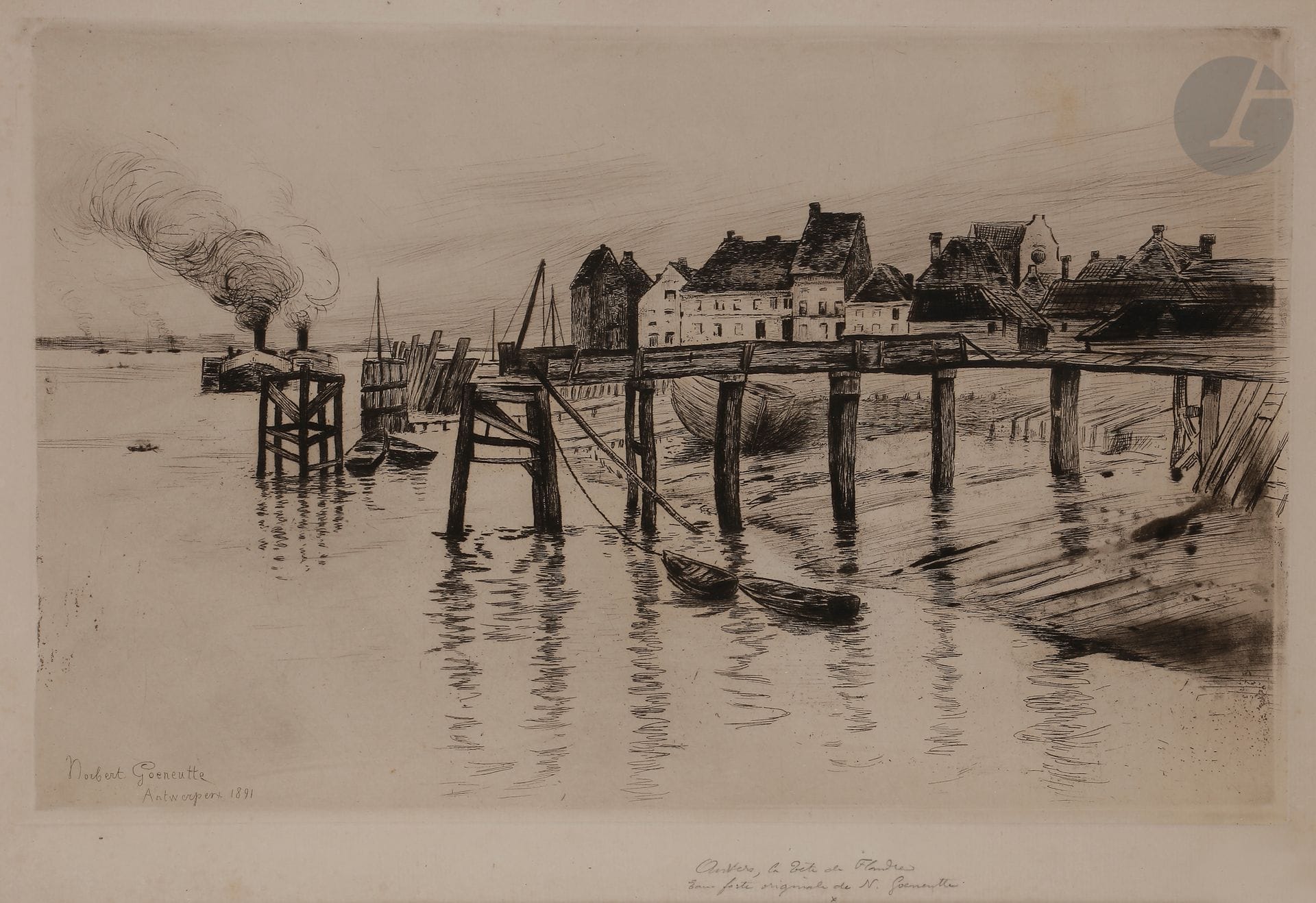 Norbert GOENEUTTE (1854-1894)

La Tête de Flandre à Anvers (Anvers, bateaux dans le port), 1891

Eau-forte et pointe sèche.

305 x 445 mm

(Duvivier 127).

Épreuve sur vergé. 

(Petites rousseurs claires éparses).

Cadre.
