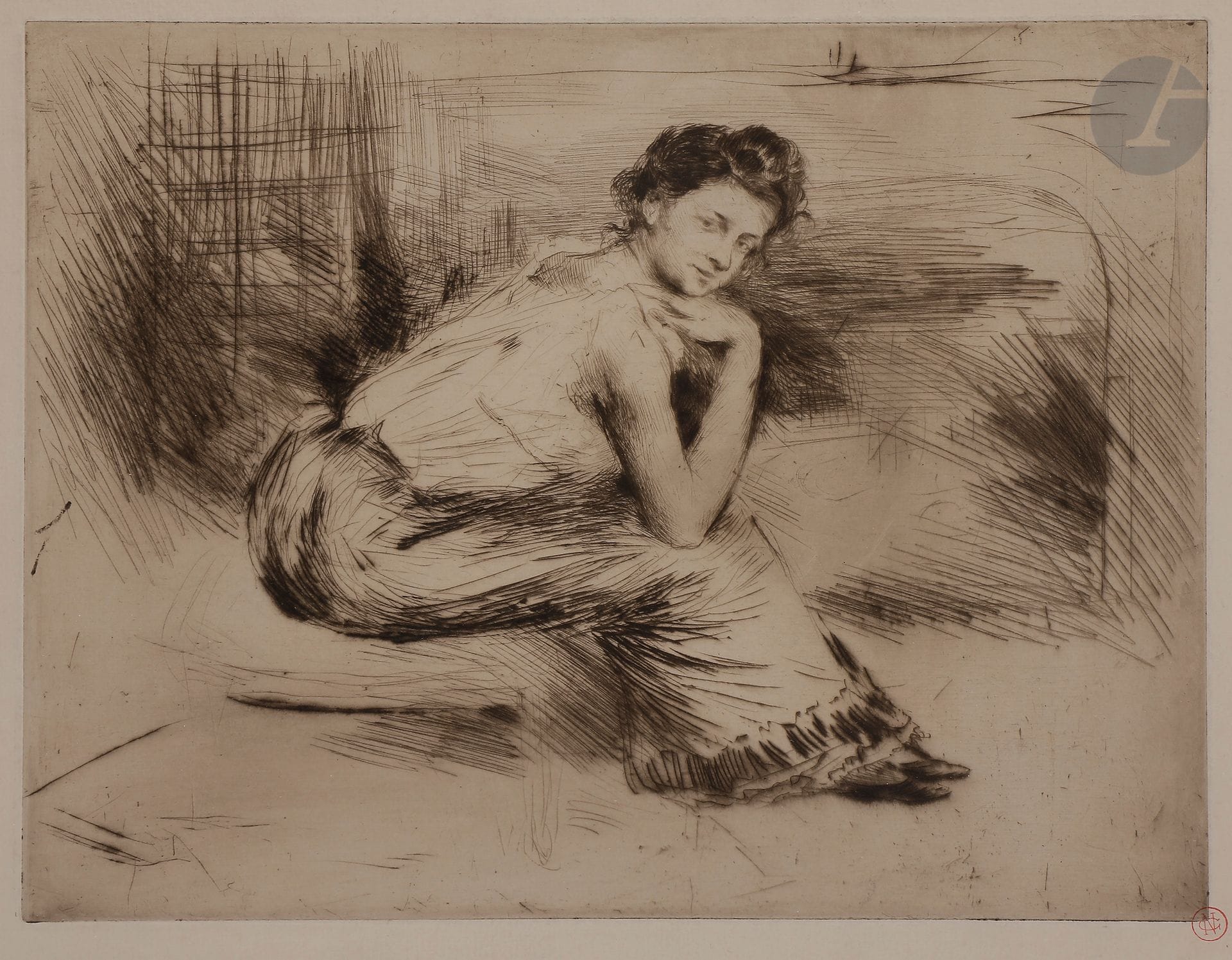 Norbert GOENEUTTE (1854-1894)

Au coin du feu (femme assise bras nus près d'une cheminée), vers 1888

Pointe sèche.

240 x 235 mm. 

(Duvivier 15).

Épreuve sur vergé. 

Timbrée (Lugt 1182).

Cadre.