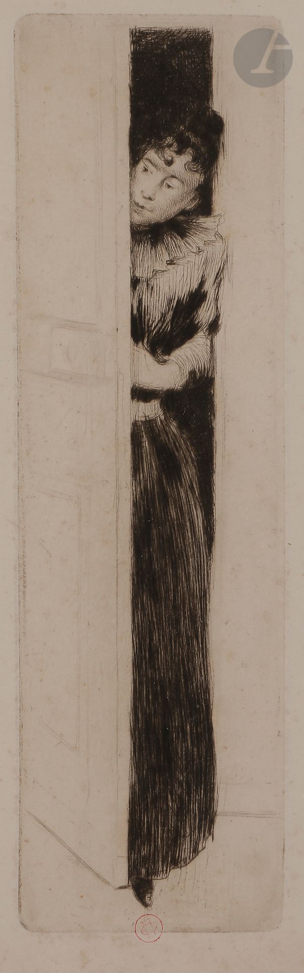 Norbert GOENEUTTE (1854-1894)

L'Indiscrète (jeune femme près d'une porte), vers 1876

Pointe sèche.

310 x 130 mm.

(Duvivier 27). 

Épreuve sur vergé.

Timbrée (Lugt 1182). 

(Rousseurs claires éparses).
