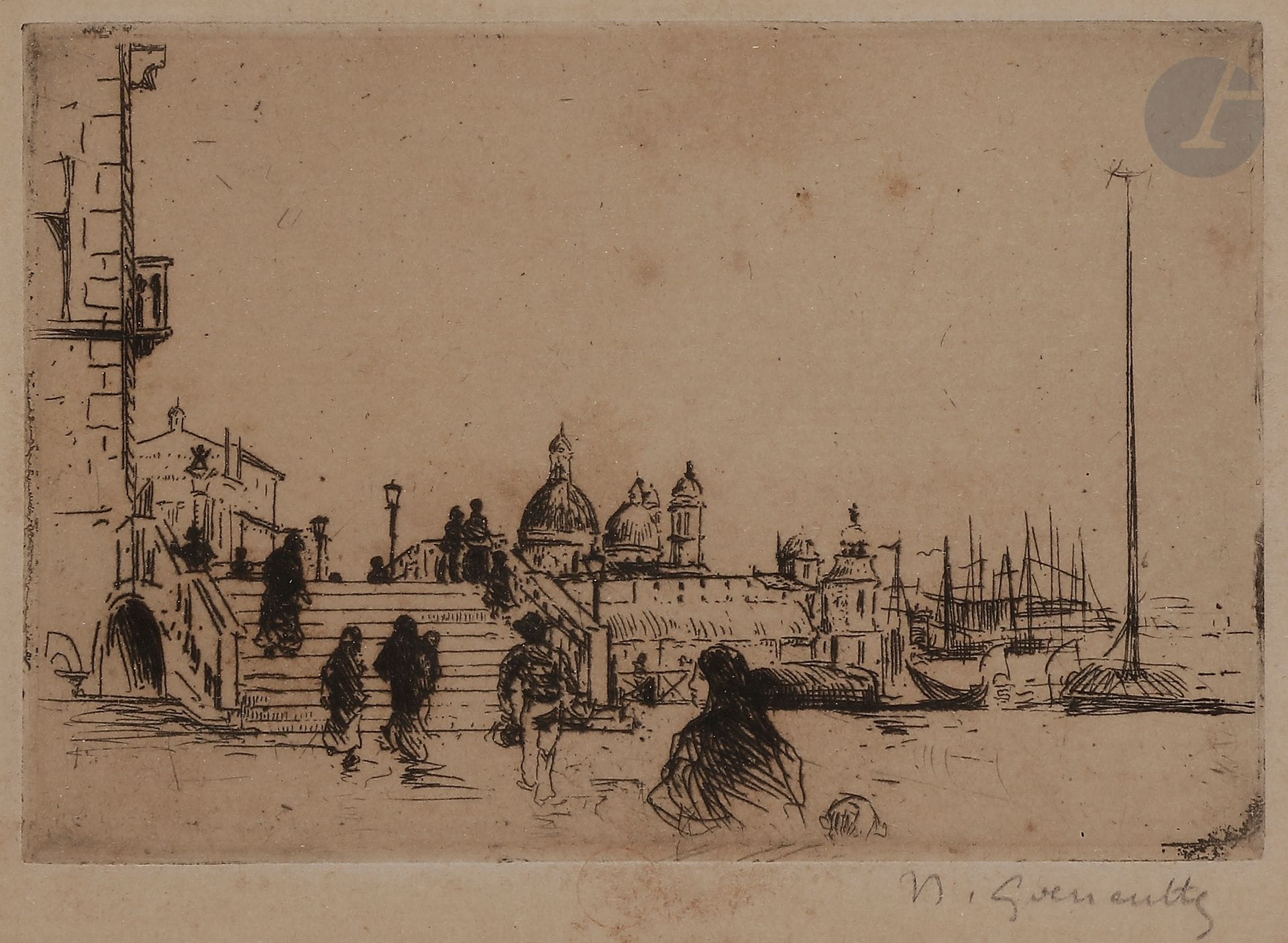Norbert GOENEUTTE (1854-1894)

Venise, le Rialto, croquis, 1890

Eau-forte.

95 x 125 mm.

(Duvivier 164).

Épreuve sur vergé.

Timbrée (Lugt 1182, timbre très pâle) et signée au crayon. 

(Petites rousseurs).

Cadre.