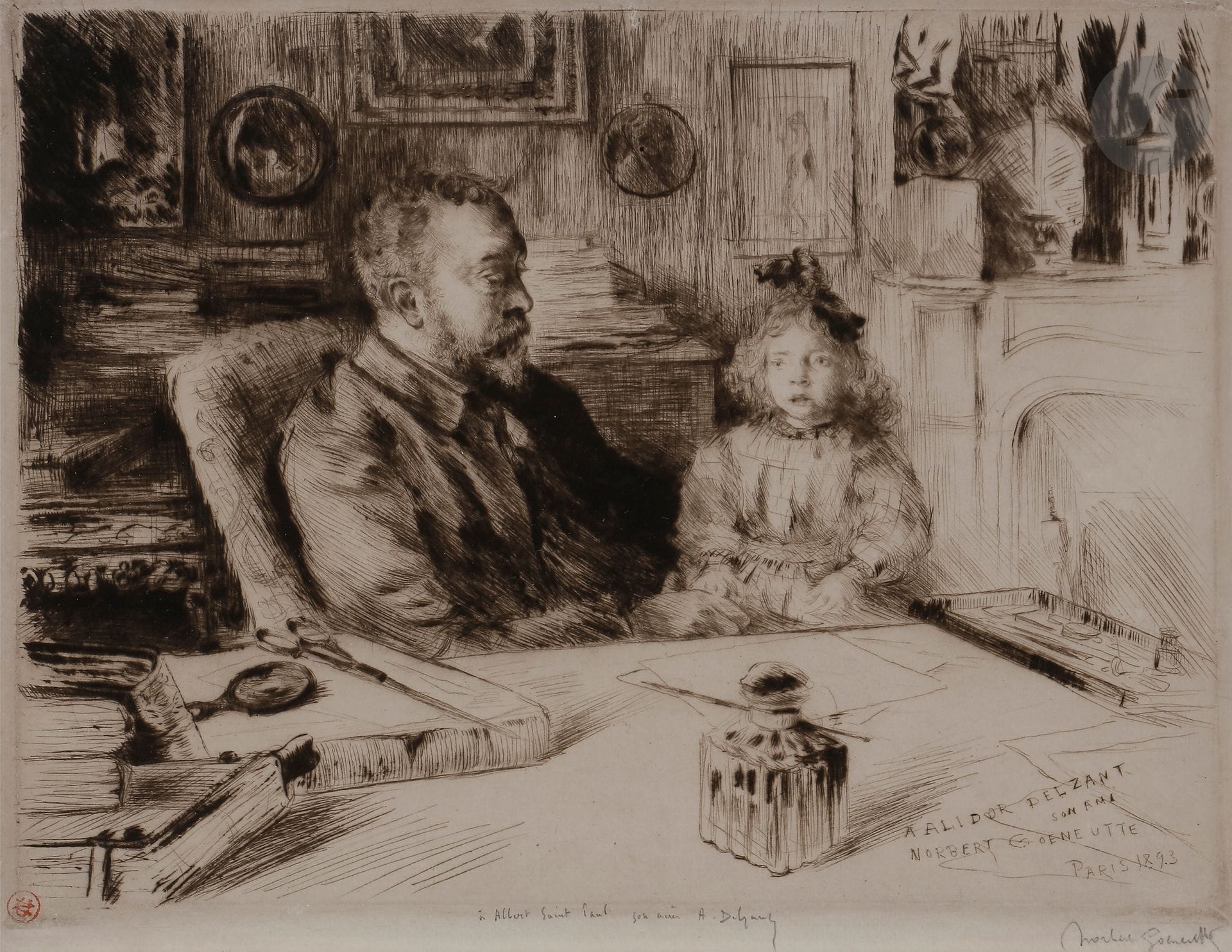 Norbert GOENEUTTE (1854-1894)

Alidor Delzant et sa fille, 1893

Pointe sèche.

240 x 305 mm.

(Duvivier 92). 

Épreuve sur vélin. 

Timbrée (Lugt 1182), dédicacée « à Albert Saint Paul son ami A. Delzant » et signée au crayon. 

Cadre.