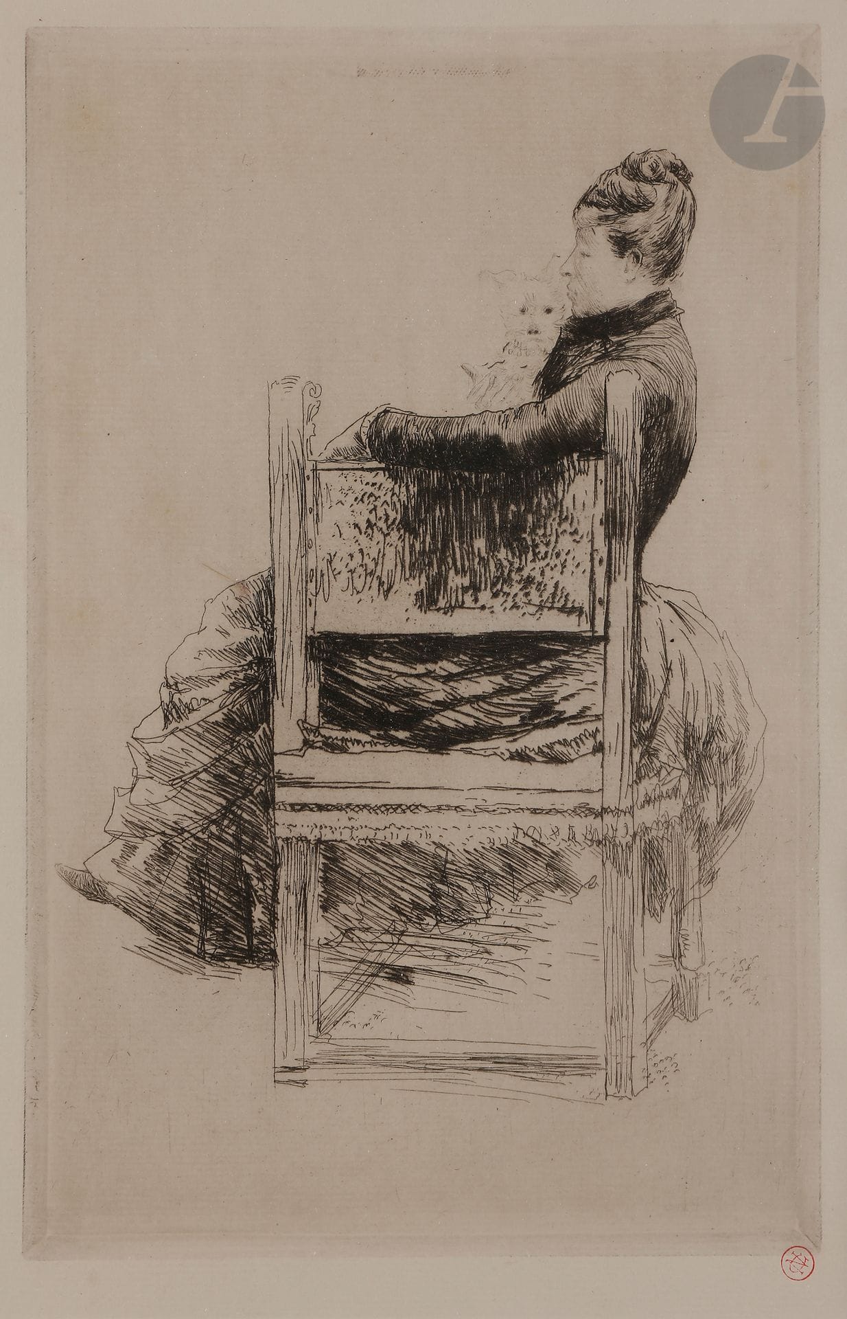 Norbert GOENEUTTE (1854-1894)

La Femme au chien, 1889

Eau-forte. 

325 x 220 mm.

(Duvivier 33).

Épreuve sur vergé.

Timbrée (Lugt 1182). 

Cadre.