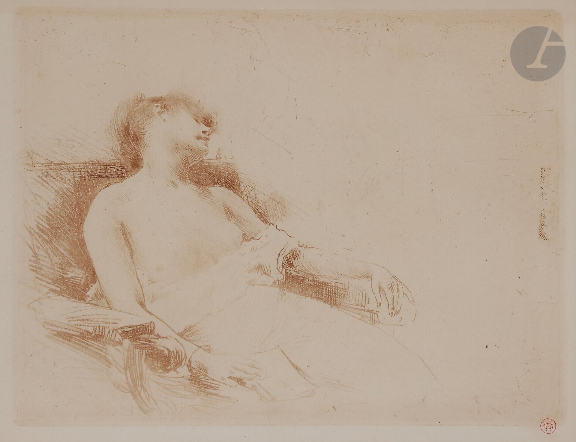 Norbert GOENEUTTE (1854-1894)

Somnolence (femme endormie, torse nu), vers 1888

Vernis mou.

245 x 210 mm

(Duvivier 14). 

Épreuve tirée en bistré sur vergé. 

Timbrée (Lugt 1182).

Cadre.
