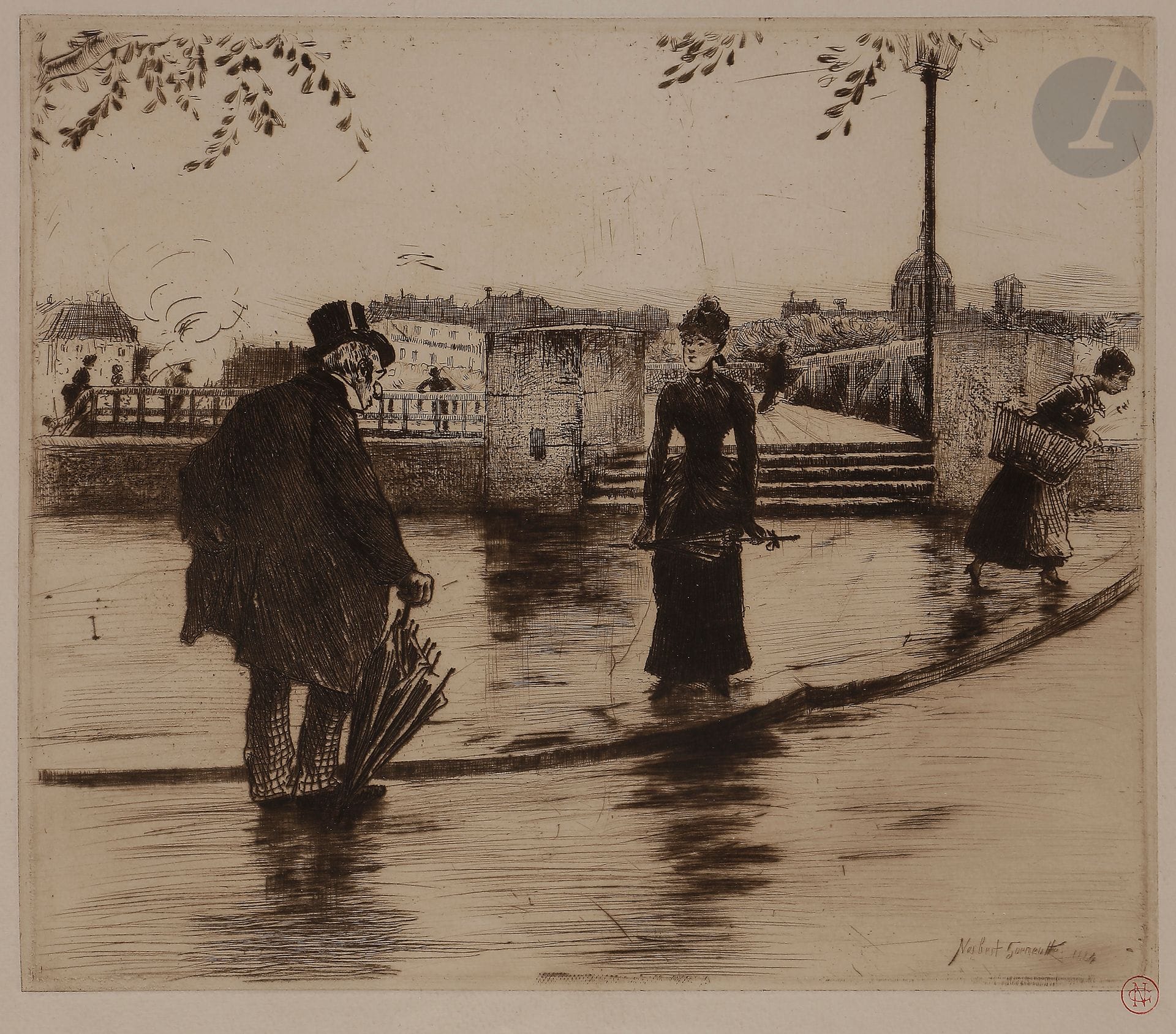 Norbert GOENEUTTE (1854-1894)

Vieil homme saluant (femme sur l'Estacade à Paris), 1884

Eau-forte et pointe sèche.

245 x 280 mm.

(Duvivier 114). 

Épreuve sur vélin. 

Timbrée (Lugt 1182).

Cadre.