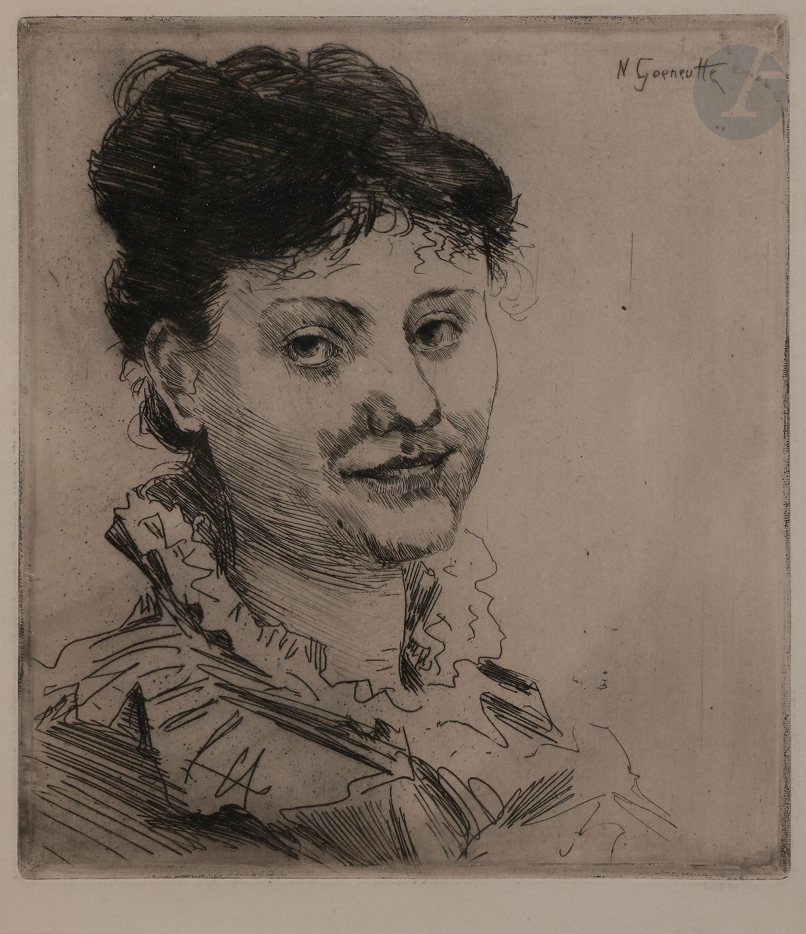 Norbert GOENEUTTE (1854-1894)

Tête de femme de face, avant 1888

Eau-forte.

235 x 210 mm.

(Duvivier 70). 

Épreuve sur vergé.

Cadre.