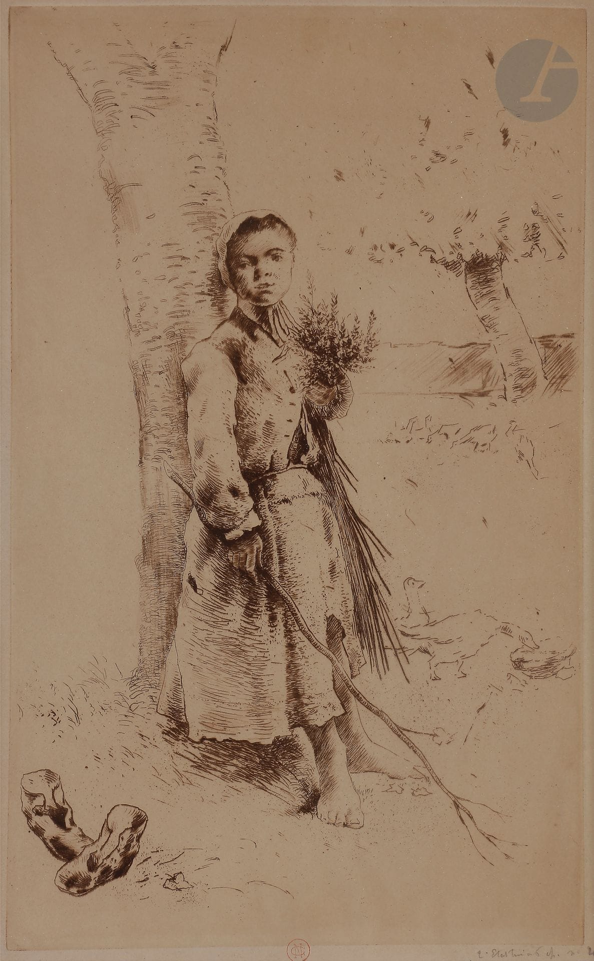 Norbert GOENEUTTE (1854-1894)

La Trouille (paysanne appuyée sur un arbre, une baguette à la main), vers 1889 

Eau-forte.

335 x 210 mm.

(Duvivier 202). 

Épreuve sur vélin.

Timbrée (Lugt 1182), annotée « 2e État tiré à 6 ep. n° 4 » au crayon.

Cadre.

- Commentaire : 

Épreuve réalisée pour illustrer « La Terre », roman d'Émile Zola édité en 1889 par C. Marpon et E. Flammarion.