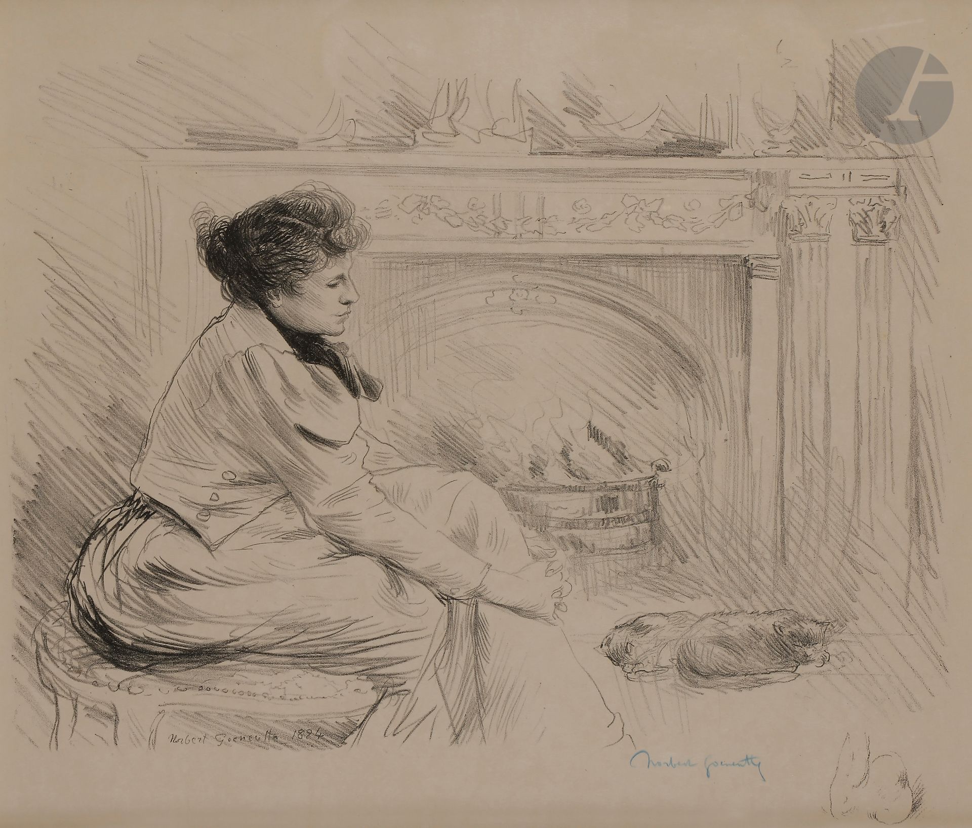 Norbert GOENEUTTE (1854-1894)

Au coin du feu (femme au coin du feu avec des chats), 1894

Lithographie.

295 x 355 mm.

(Duvivier 16).

Épreuve sur simili-japon fort, du tirage de luxe avec la remarque à 20 épreuves.

Signée au crayon bleu.

 Cadre.

- Exposition : 

« Le Chat et l'Artiste », Musée Daubigny, Auvers-sur-Oise, 12 mai-18 novembre 2001, n° 178.

- Commentaire : 

Planche parue dans l’album des Peintres-Lithographes en 1894.