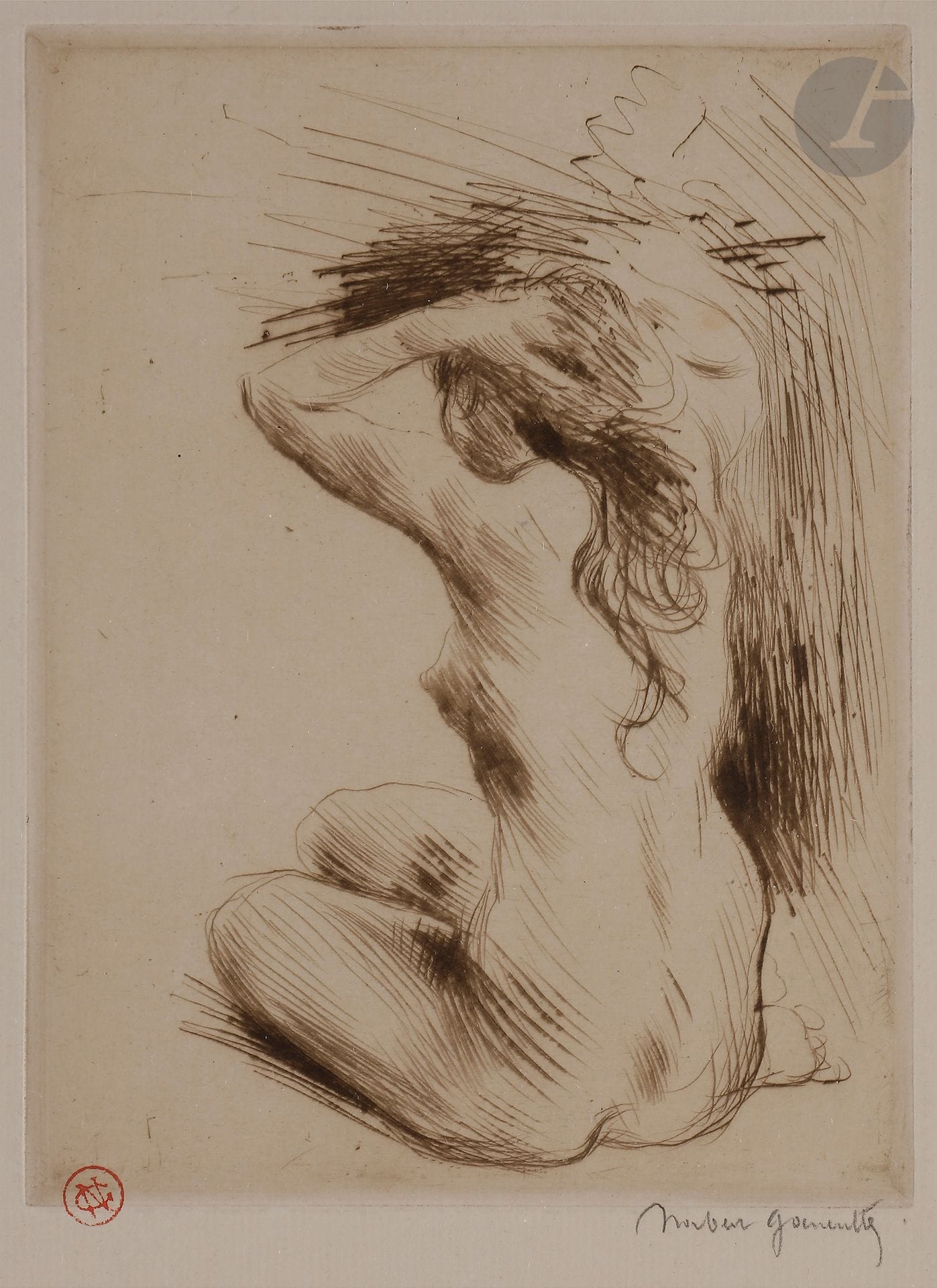 Norbert GOENEUTTE (1854-1894)

La Toilette (femme nue de dos se coiffant), 1871-74

Pointe sèche.

180 x 145 mm.

(Duvivier 1). 

Épreuve sur vergé. 

Timbrée (Lugt 1182) et signée au crayon.

Cadre.
