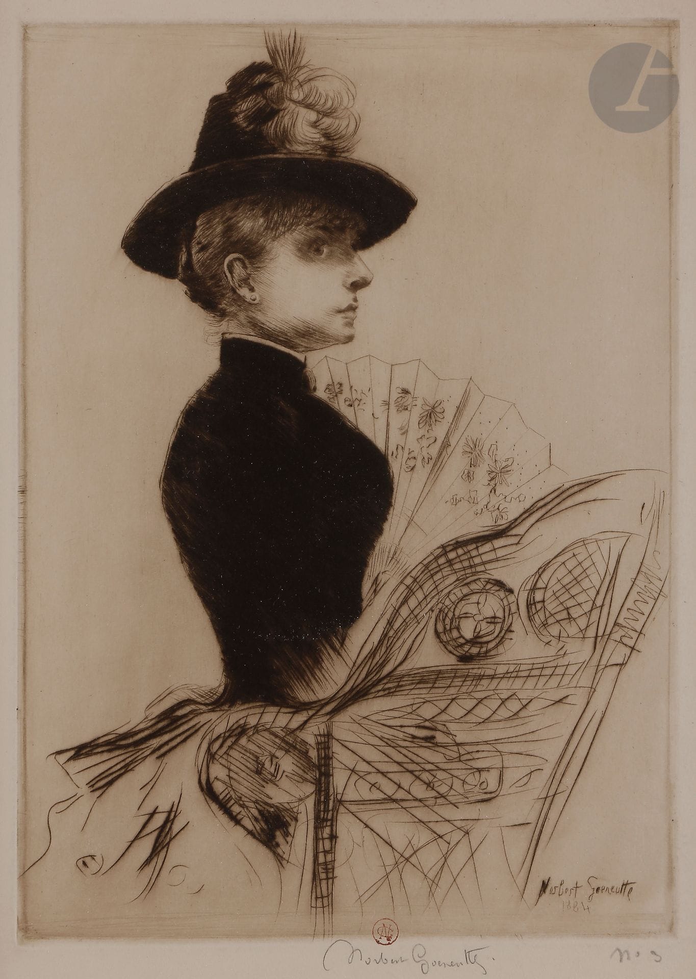 Norbert GOENEUTTE (1854-1894)

Femme à l'éventail déplié, 1884

Pointe sèche.

300 x 225 mm.

Épreuve sur vélin. 

Signée et numérotée au crayon, timbrée (Lugt 1182).

Cadre.