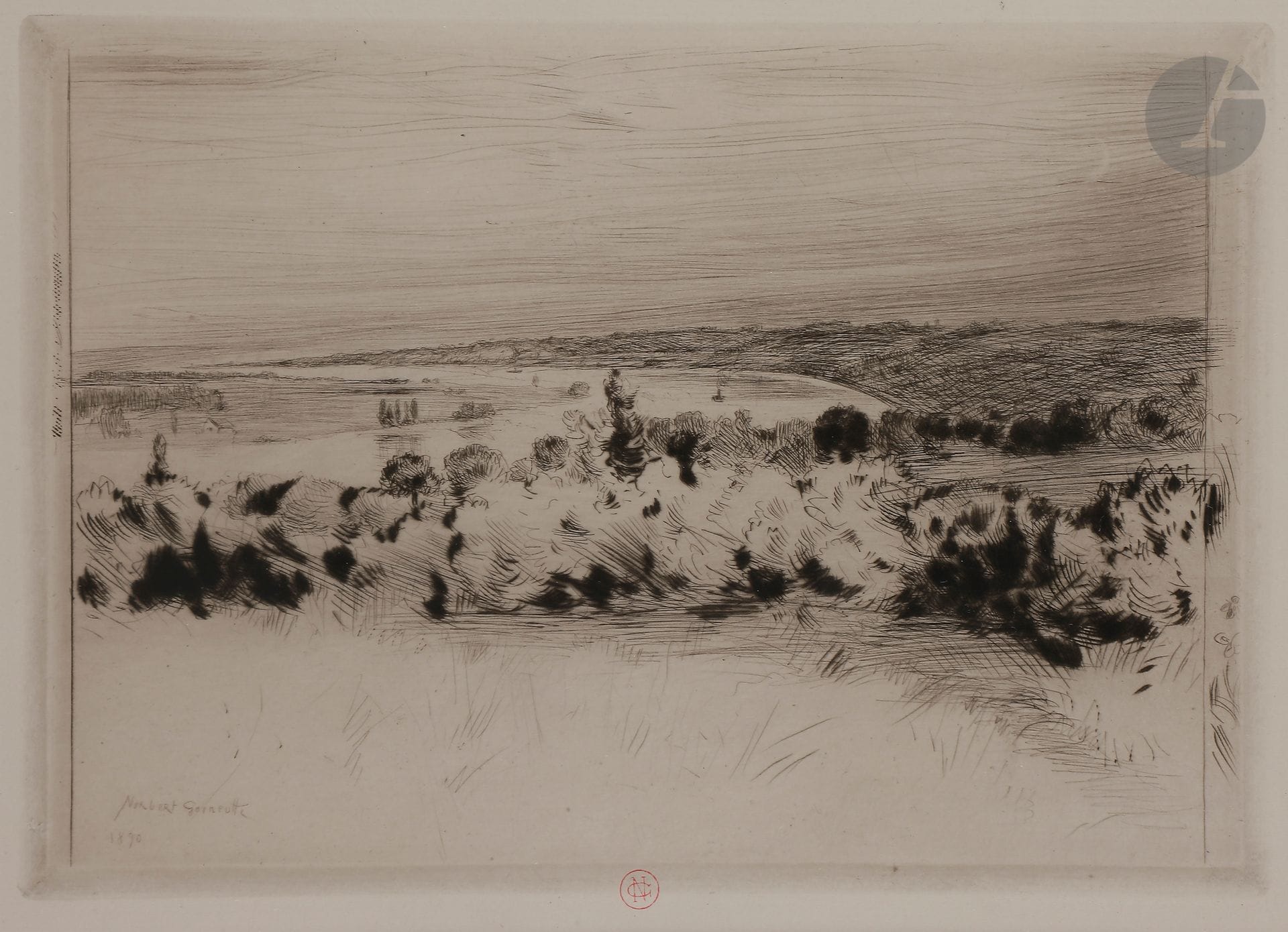 Norbert GOENEUTTE (1854-1894)

La Seine à Quillebeuf (la Seine à Vétheuil), 1890

Pointe sèche.

200 x 280 mm. 

(Duvivier 158). 

Épreuve sur vergé blanc. 

Timbrée (Lugt 1182).

Cadre.