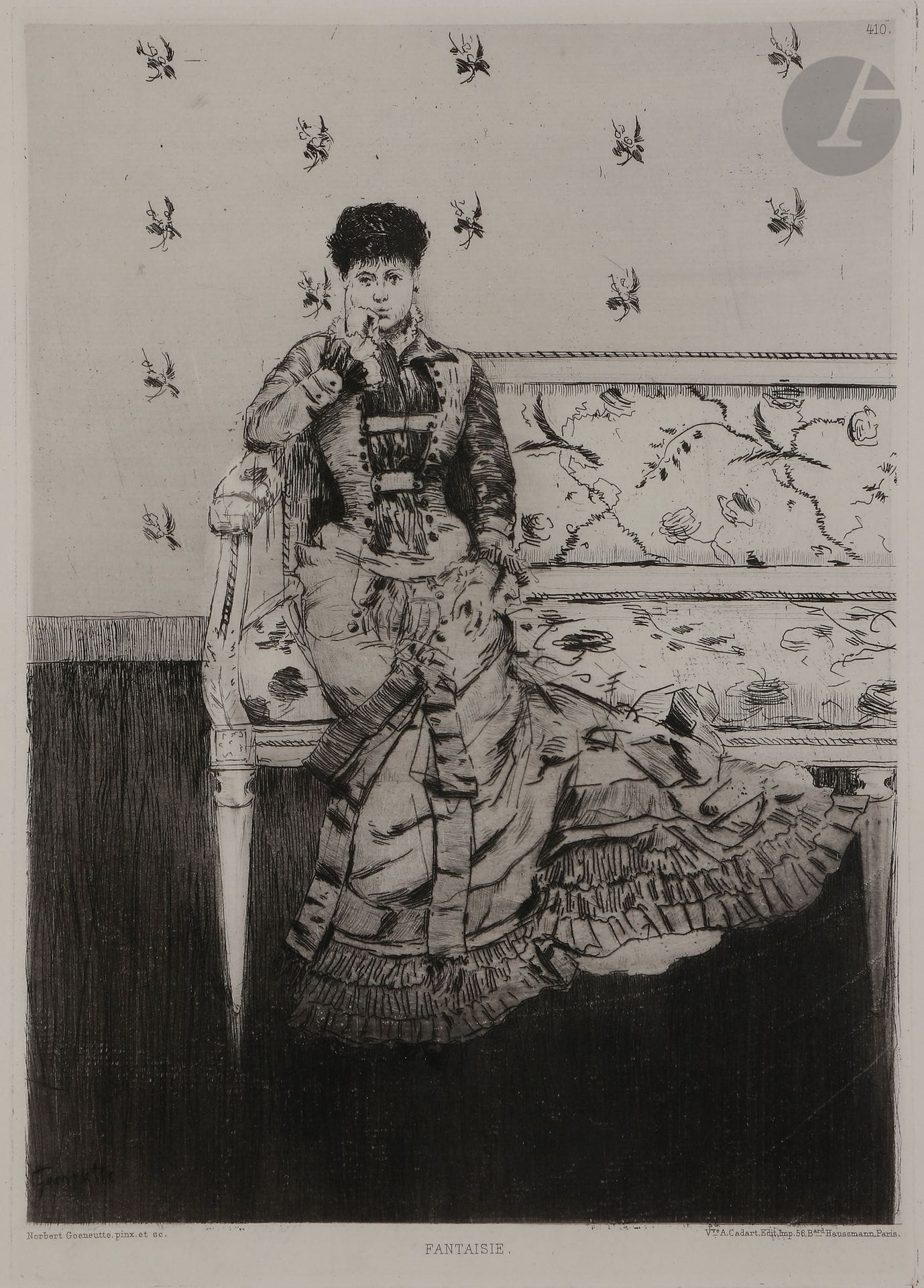 Norbert GOENEUTTE (1854-1894)

Fantaisie (jeune femme sur un canapé), 1877

Eau-forte et aquatinte.

310 x 225 mm.

(Duvivier 36). 

Épreuve sur vergé blanc, du tirage Cadart.

Cadre.
