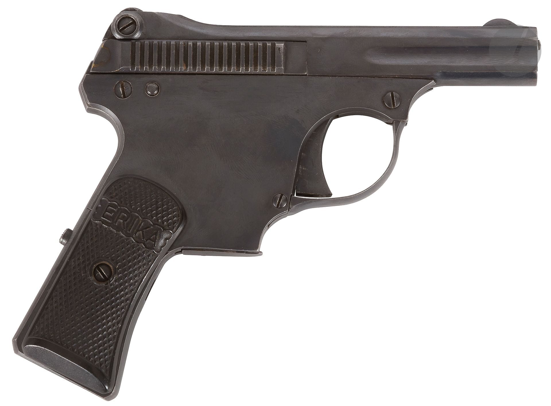 Franz Pfannel Erika" Small Semi-Automatic Pistol, 6-shot, 4.25 mm
caliberBakelite stock
plates
, marked Erika.
Bronze finish.
Number stamped inside 33**Length
: 11,4 mm
.

















