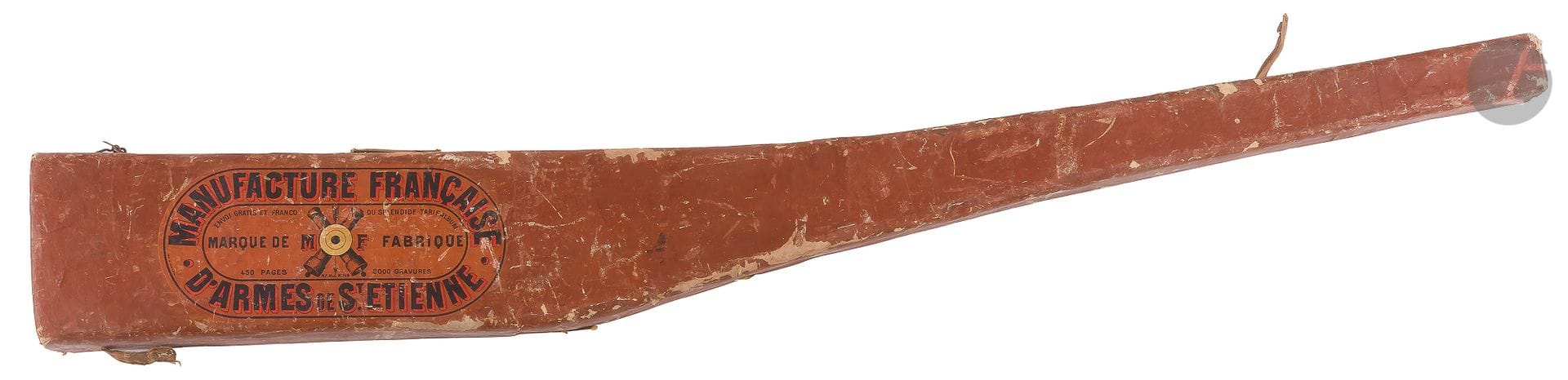 Long cardboard packing box in the shape of a rifle, made of strong cardboard used for the
shipping of rifles by train by the Manufacture d'Armes de Saint Etienne.
End of the 19th century and 20th century.



