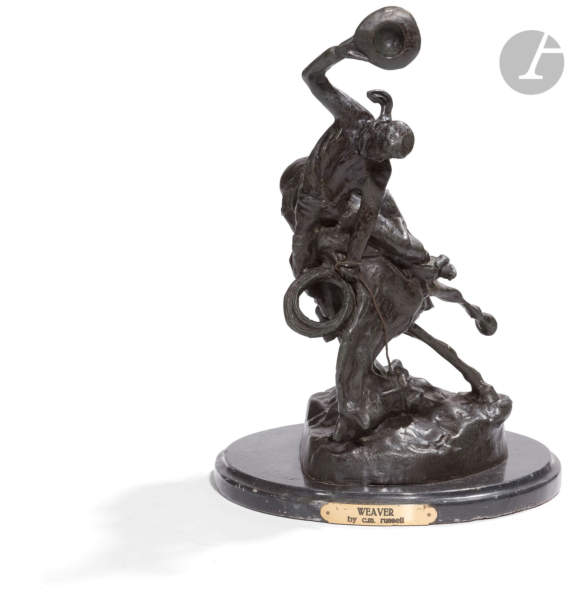 RUSSELL, d’après
« Weaver – Cowboy au rodéo. »
Sujet en fonte de fer patiné noir. 
Hauteur : 45 cm
B.E. Réédition.

