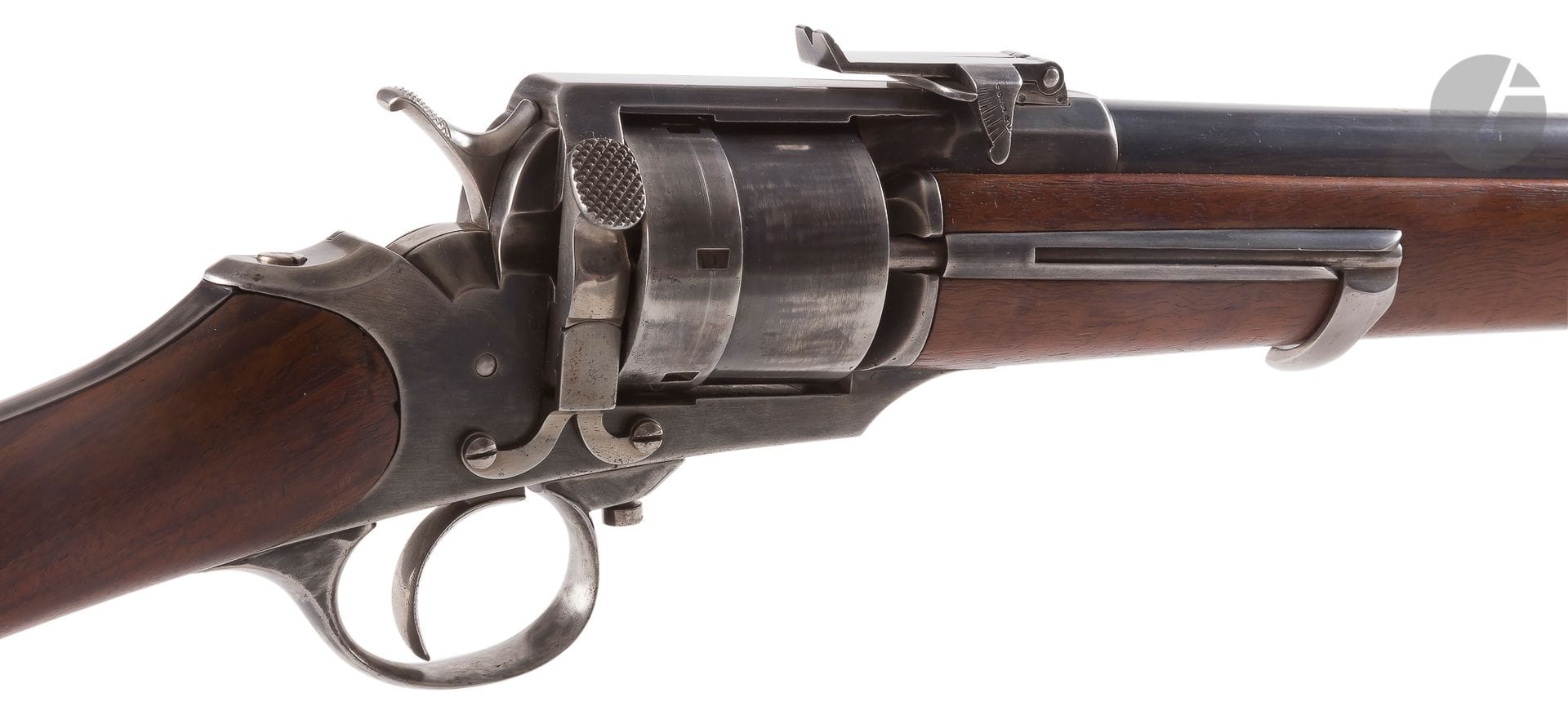 Rare Perrin revolver rifle, six shots, caliber 11 mm, with central percussion.
Round barrel, rifled, blued, patinated, marked "L. Perrin à Paris", with adjustable rise. Closed frame. Smooth cylinder. Rod of ejection on the right side. Patinated iron fittings. Waxed walnut frame with long barrel.
Carries the N° 67 on the barrel.
Length: 109 cmB
.E. About 1865.

some rifles are prototypes proposed to the French army


.


Perrin also proposed versions for the trade.





