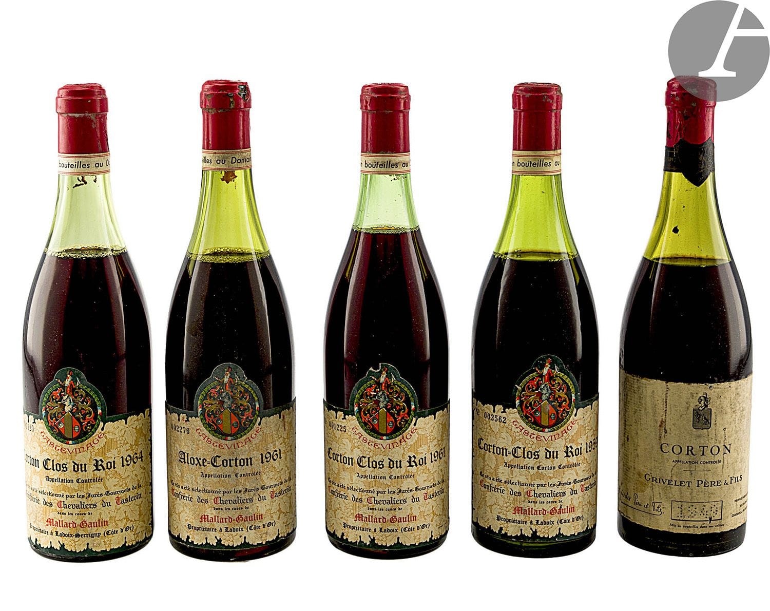 
1 B CORTON CLOS DU ROI TASTEVINÉ (1er Cru) (5 cm), Mallard Gaulin, 1964



1 B ALOXE-CORTON TASTEVINÉ (5,3 cm ; e.l.a ; c.a. côté), Mallard Gaulin, 1961



1 B CORTON CLOS DU ROI TASTEVINÉ (Grand Cru) (3,3 cm ; e.l.a.), Mallard Gaulin, 1961



1 B CORTON CLOS DU ROI TASTEVINÉ (Grand Cru) (5 cm ; c.c.), Mallard Gaulin, 1959



1 B CORTON (Grand Cru) (5,5 cm ; e.t.h. à e.l.a ; capsule bosselée), Grivelet P&F, 1949
