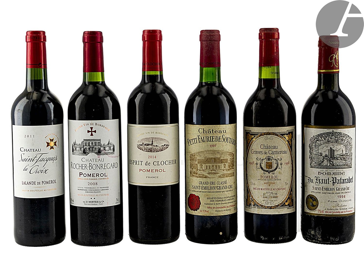 1 B CHÂTEAU PETIT FAURIE DE SOUTARD (B.G; light e.t.h.), GCC Saint-Emilion, 1989
1 B DOMAINE DU HAUT-PATARABET (T.L.B.+; light e.t.h.), GC Saint-Emilion, 1994
1 B CHÂTEAU GRAVES DE CANTEREAU (e.B CHÂTEAU ROCHER-BONREGARD, Pomerol, 2008
1 B ESPRIT DE CLOCHER, Pomerol, 2013
1 B CHÂTEAU SAINT-JACQUES LA CROIX, Lalande de Pomerol, 2011