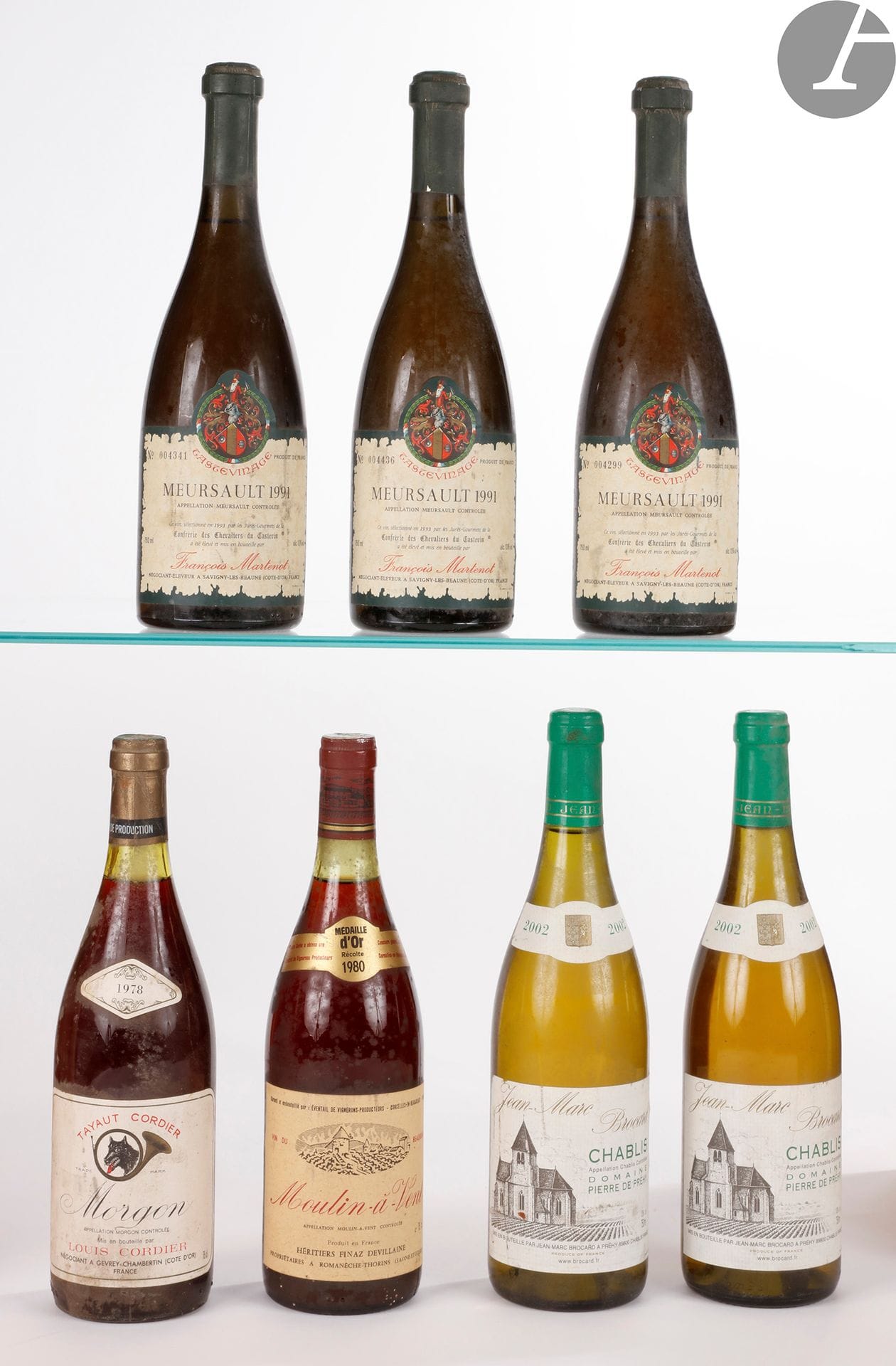 
3 B MEURSAULT TASTEVINÉ (light e.t.h.), François Martenot, 1991

2 B CHABLIS DOMAINE PIERRE DE PREHY (light e.t.h.), Jean-Marc Brocard, 2002

1 B MOULIN Â VENT (e.l.a.), Héritiers Finas Devillaine, 1980

1 B MORGON (e.t.h.), Louis Cordier, 1978
