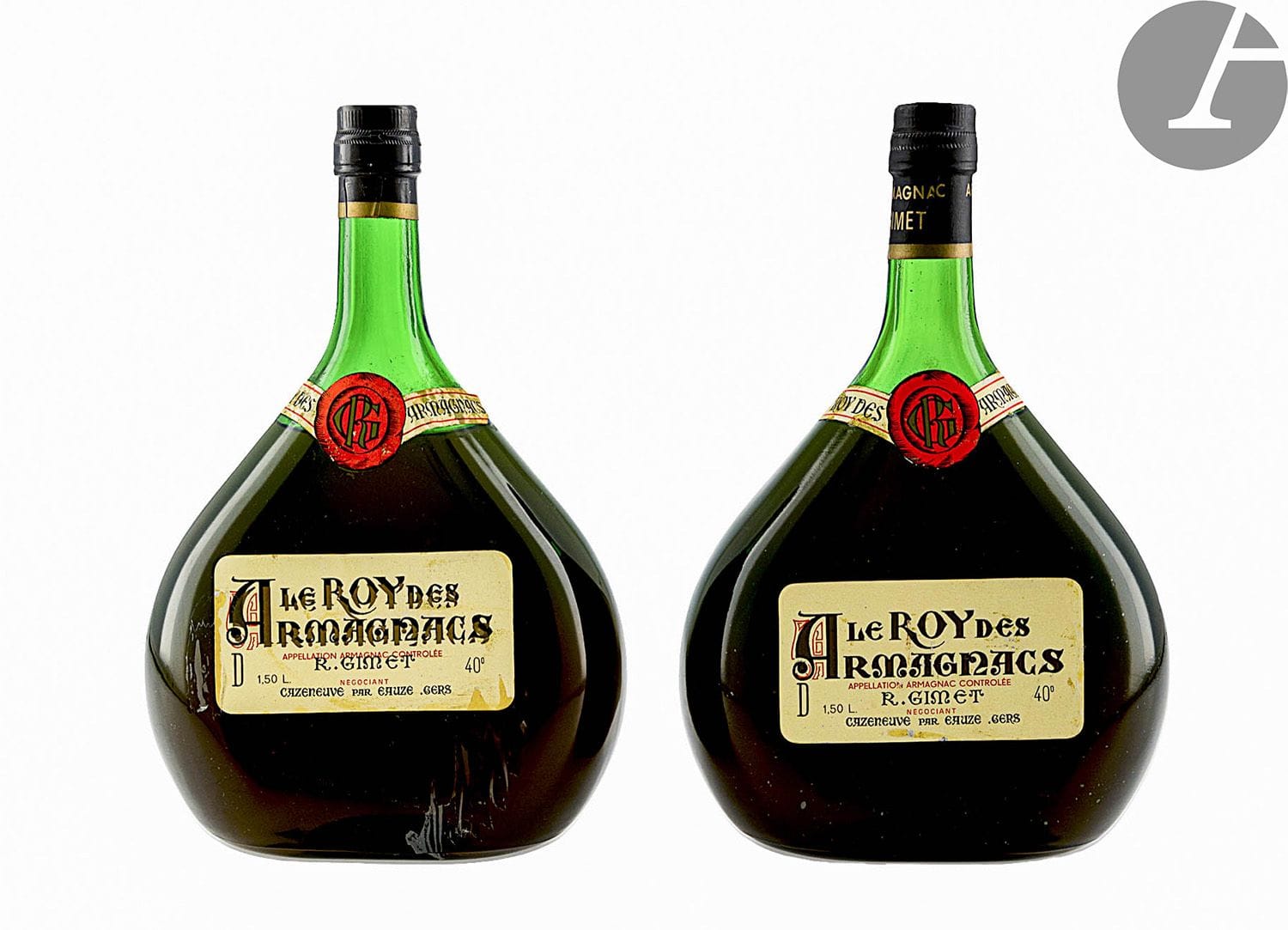 2 Mag ARMAGNAC "LE ROY DES ARMAGNAC" 150 cl 40% (1 à 5 et 1 à 7 cm ; e.t ; forme basquaise), Roger Gimet, NM