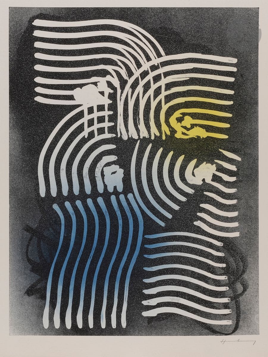 Hans Hartung (1904-1989) 
L 1970-18. (Pl. pour l’album Farandole).. Barcelone, Polígrafa éd., 1971.
Lithographie en couleurs. 
Très belle épreuve sur vélin fort, à grandes marges, sans le pli vertical médian, justifiée « H.C. » et signée au crayon. Tirage définitif à 75 épreuves. 
Petites traces d’adhésif oxydées au verso. 
59,3 x 86,3 cm.
Réf. : Mason 322.