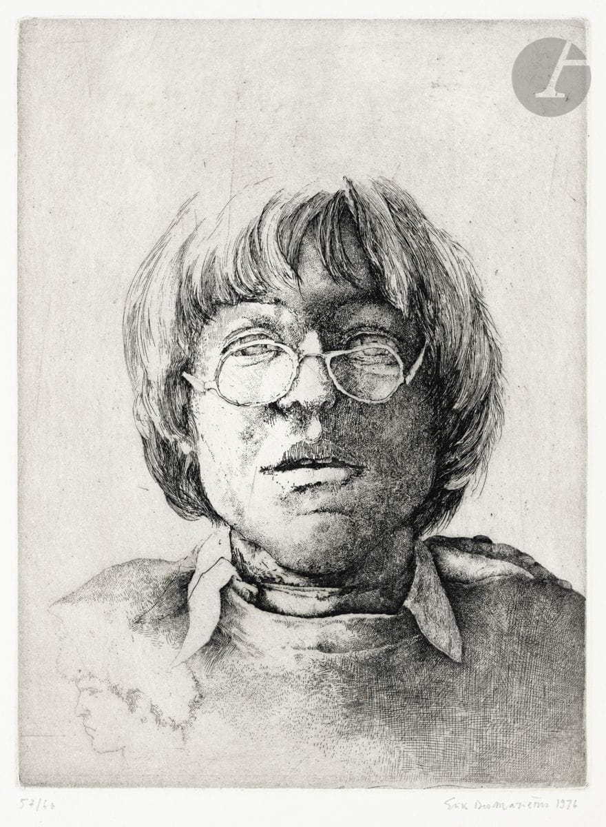 Érik Desmazières (né en 1948)
Portrait aux lunettes. 1976. 
Eau-forte. 
Très belle épreuve sur vélin, numérotée, signée et datée au crayon. Toutes marges. Tirage à 60 épreuves. 
Infime oxydation aux bords du feuillet.
38 x 28 cm.
Réf. : Fitch 22.